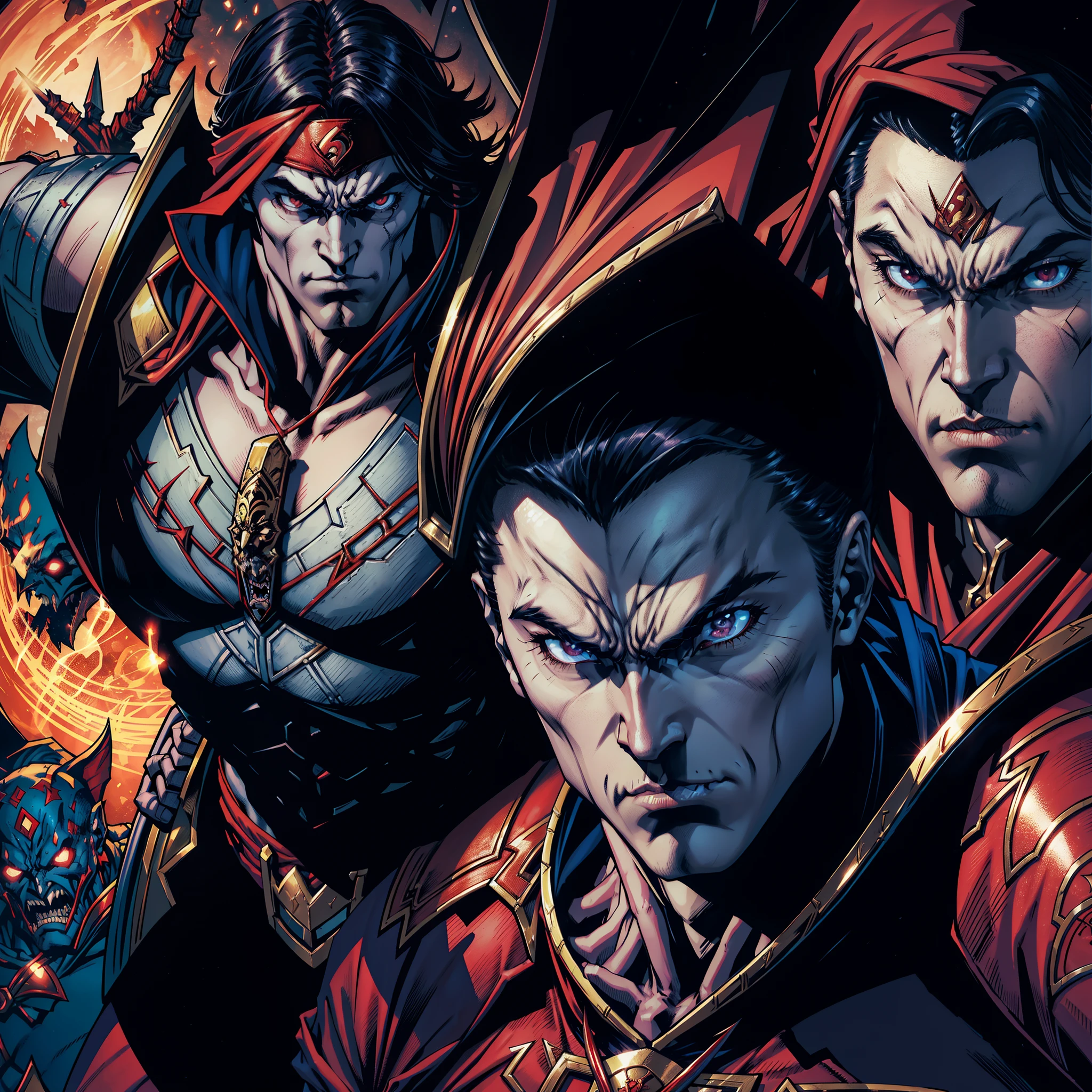 Castlevania Super Realistic Shadow Lord Super Detailed Dynamic Shooter masterpiece of the evil Moroccan lord Dracula hokuto no ken kenshiro with a red turban leading troops armed with demons and djinns to fight sharp details zoom portrait