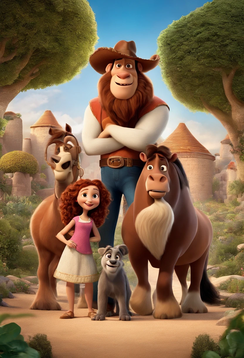 a Disney Pixar movie poster showing a white-skinned family. The father is the tallest, Tem barba curta, loiro, cabelos curtos e espinhosos. The mother has brown eyes and hair, shoulder-length and is slightly overweight. A menina tem 4 anos e cabelos castanhos, roupa rosa e rabos de cavalo. The background is a beach garden. 3D-rendering