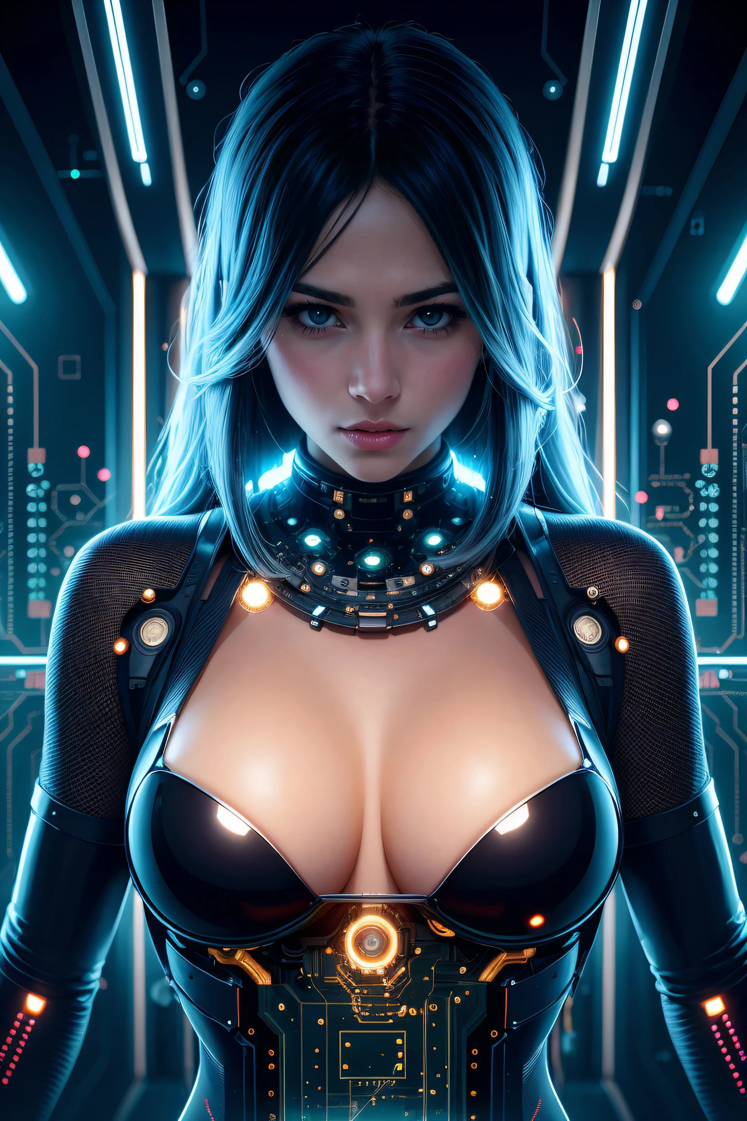 beautiful woman repairing a quantum computer, large ultra detailed technical parts, complex structures, ultra detailed shiny reflections, future style, detailed cinematic effects, ultra detailed reflections, ultra animated detailed digital art, beautiful realistic face, beautiful eyes, perfect focus, highest possible resolution, by Tokaito