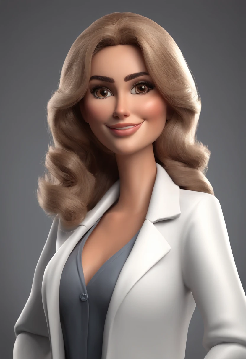 Cartoon character of woman wearing white lab coat with black eyes and big eyelashes, boca desenhada e nariz fino, with medium brown and wavy hair, Inside a Clinical Animation Character, Caractere estilizado, animation style rendering, 3D estilizado, Arnold Maya render, 3 d render stylized, toon render keyshot, Personagem 3D, Personagem 3D, 3d rendering stylized, 3 d character render, personagem de desenho animado, Personagem de close up, Pose de personagem,  (Estilo Pixar) (master part:1.2) (Bokeh) (best quality) (pele detalhada) (textura detalhada) (8k) (argila) (Cinematic lighting) (foco nítido