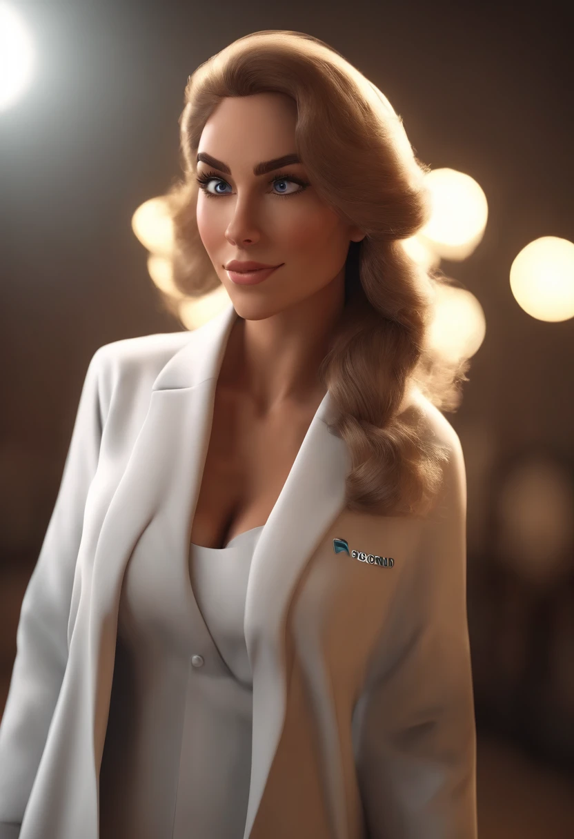Cartoon character of woman wearing white lab coat with black eyes and big eyelashes, boca desenhada e nariz fino, with medium brown and wavy hair, Inside a Clinical Animation Character, Caractere estilizado, animation style rendering, 3D estilizado, Arnold Maya render, 3 d render stylized, toon render keyshot, Personagem 3D, Personagem 3D, 3d rendering stylized, 3 d character render, personagem de desenho animado, Personagem de close up, Pose de personagem, (Estilo Pixar) (master part:1.2) (Bokeh) (best quality) (pele detalhada) (textura detalhada) (8k) (argila) (Cinematic lighting) (foco nítido