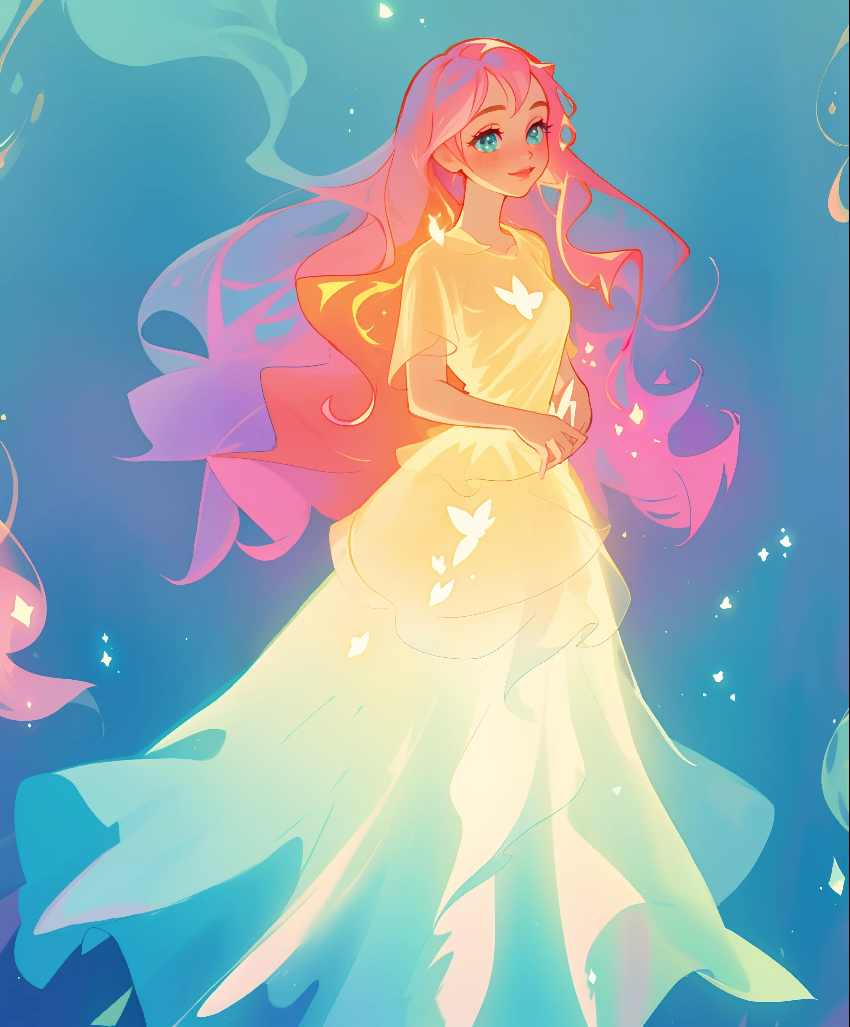 beautiful girl in flowing gradient layered ballgown, flowing pink hair, ((sparkling gold aqua blue gradient dress)), ((multi-layered tiered ballgown dress)), whimsical fantasia and flowers background, vibrant pastel colors, (colorful), magical lights, magical flowers, flowers, glowing lights, red pink long wavy hair, sparkling lines of light, inspired by Glen Keane, inspired by Lois van Baarle, disney art style, by Lois van Baarle, glowing aura around her, by Glen Keane, jen bartel, glowing lights! digital painting, flowing glowing hair, glowing flowing hair, beautiful digital illustration, fantasia background, whimsical, magical, fantasy, beautiful face, ((masterpiece, best quality)), intricate details, highly detailed, sharp focus, 8k resolution, sparkling detailed eyes, liquid watercolor