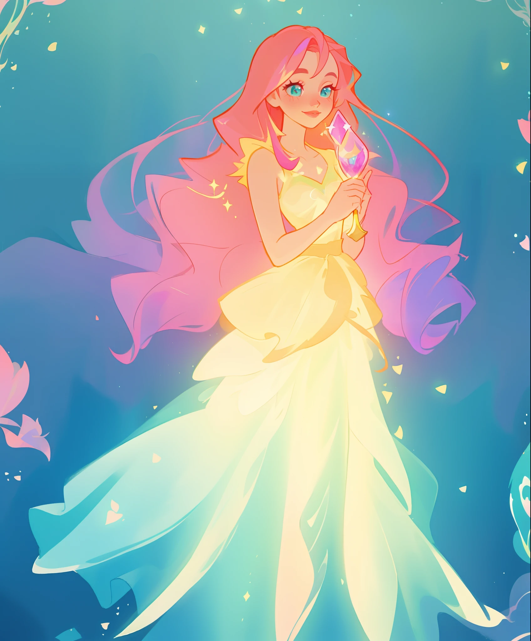 beautiful girl in flowing gradient layered ballgown, flowing pink hair, ((sparkling gold aqua blue gradient dress)), ((multi-layered tiered ballgown dress)), whimsical fantasia and flowers background, vibrant pastel colors, (colorful), magical lights, magical flowers, flowers, glowing lights, red pink long wavy hair, sparkling lines of light, inspired by Glen Keane, inspired by Lois van Baarle, disney art style, by Lois van Baarle, glowing aura around her, by Glen Keane, jen bartel, glowing lights! digital painting, flowing glowing hair, glowing flowing hair, beautiful digital illustration, fantasia background, whimsical, magical, fantasy, beautiful face, ((masterpiece, best quality)), intricate details, highly detailed, sharp focus, 8k resolution, sparkling detailed eyes, liquid watercolor