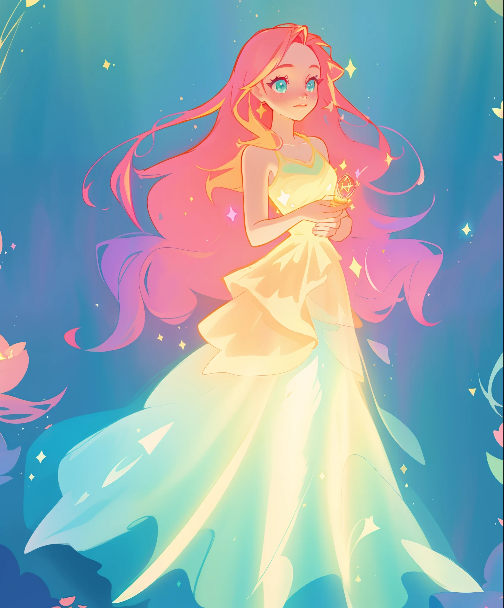 beautiful girl in flowing gradient layered ballgown, flowing pink hair, ((sparkling gold aqua blue gradient dress)), ((multi-layered tiered ballgown dress)), whimsical fantasia and flowers background, vibrant pastel colors, (colorful), magical lights, magical flowers, flowers, glowing lights, red pink long wavy hair, sparkling lines of light, inspired by Glen Keane, inspired by Lois van Baarle, disney art style, by Lois van Baarle, glowing aura around her, by Glen Keane, jen bartel, glowing lights! digital painting, flowing glowing hair, glowing flowing hair, beautiful digital illustration, fantasia background, whimsical, magical, fantasy, beautiful face, ((masterpiece, best quality)), intricate details, highly detailed, sharp focus, 8k resolution, sparkling detailed eyes, liquid watercolor