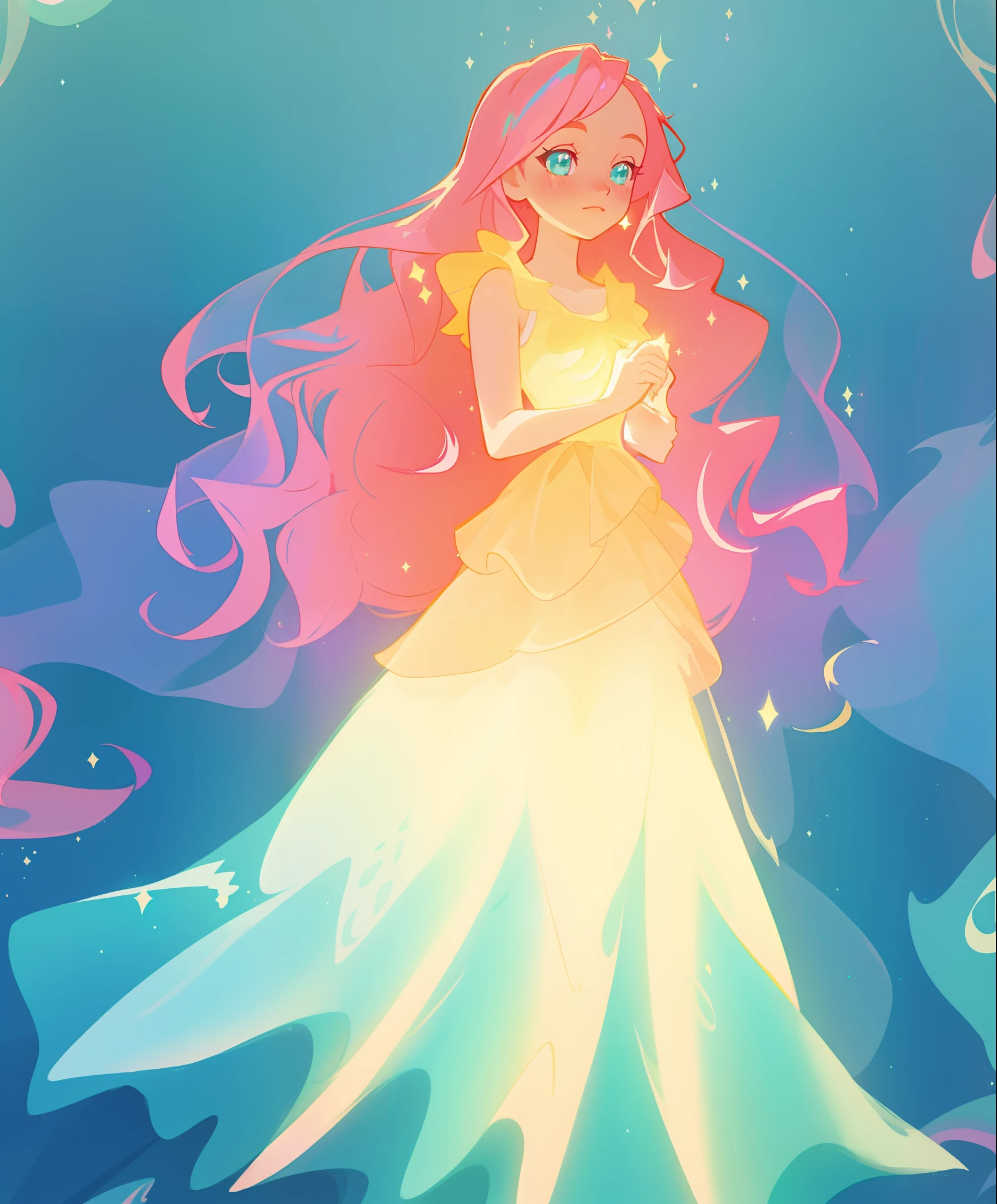 beautiful girl in flowing gradient layered ballgown, flowing pink hair, ((sparkling gold aqua blue gradient dress)), ((multi-layered tiered ballgown dress)), whimsical fantasia and flowers background, vibrant pastel colors, (colorful), magical lights, magical flowers, flowers, glowing lights, red pink long wavy hair, sparkling lines of light, inspired by Glen Keane, inspired by Lois van Baarle, disney art style, by Lois van Baarle, glowing aura around her, by Glen Keane, jen bartel, glowing lights! digital painting, flowing glowing hair, glowing flowing hair, beautiful digital illustration, fantasia background, whimsical, magical, fantasy, beautiful face, ((masterpiece, best quality)), intricate details, highly detailed, sharp focus, 8k resolution, sparkling detailed eyes, liquid watercolor