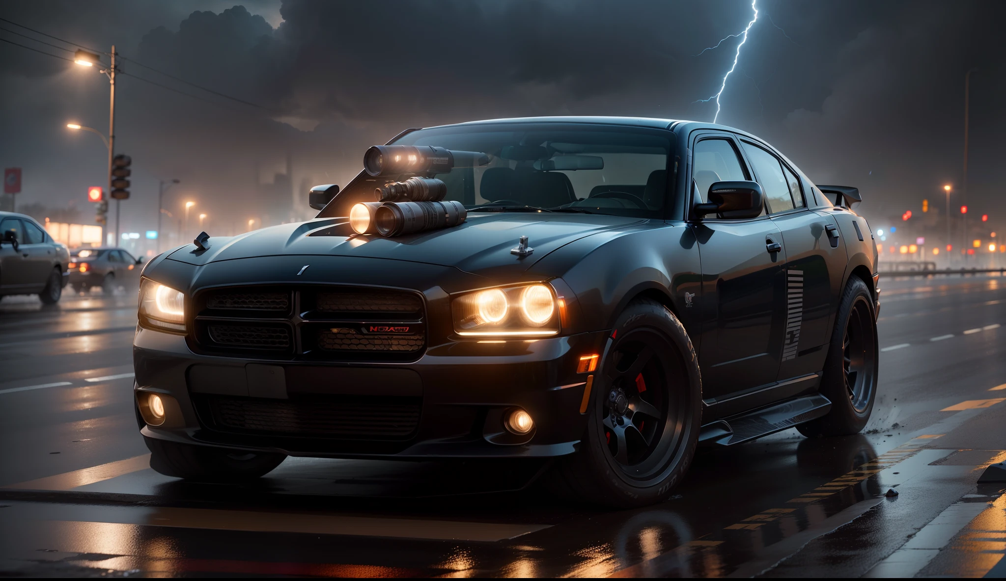 Necessidade de velocidade, Dodge Charger preto esportivo 70's, correndo pela rua molhada, quase, spreading water on the street, Lightning and lightning in the sky, chuva, hyper realistic, motion blur, blurry background, altamente detalhado, divine proportion, (((Enquadrado))), perfect composition, perfect lighting, octan render, 8k, Artistic photography, trending on ArtStation, foco nítido, Studio photo, detalhes intrincados, altamente detalhado, Directed by: Greg Rutkowski