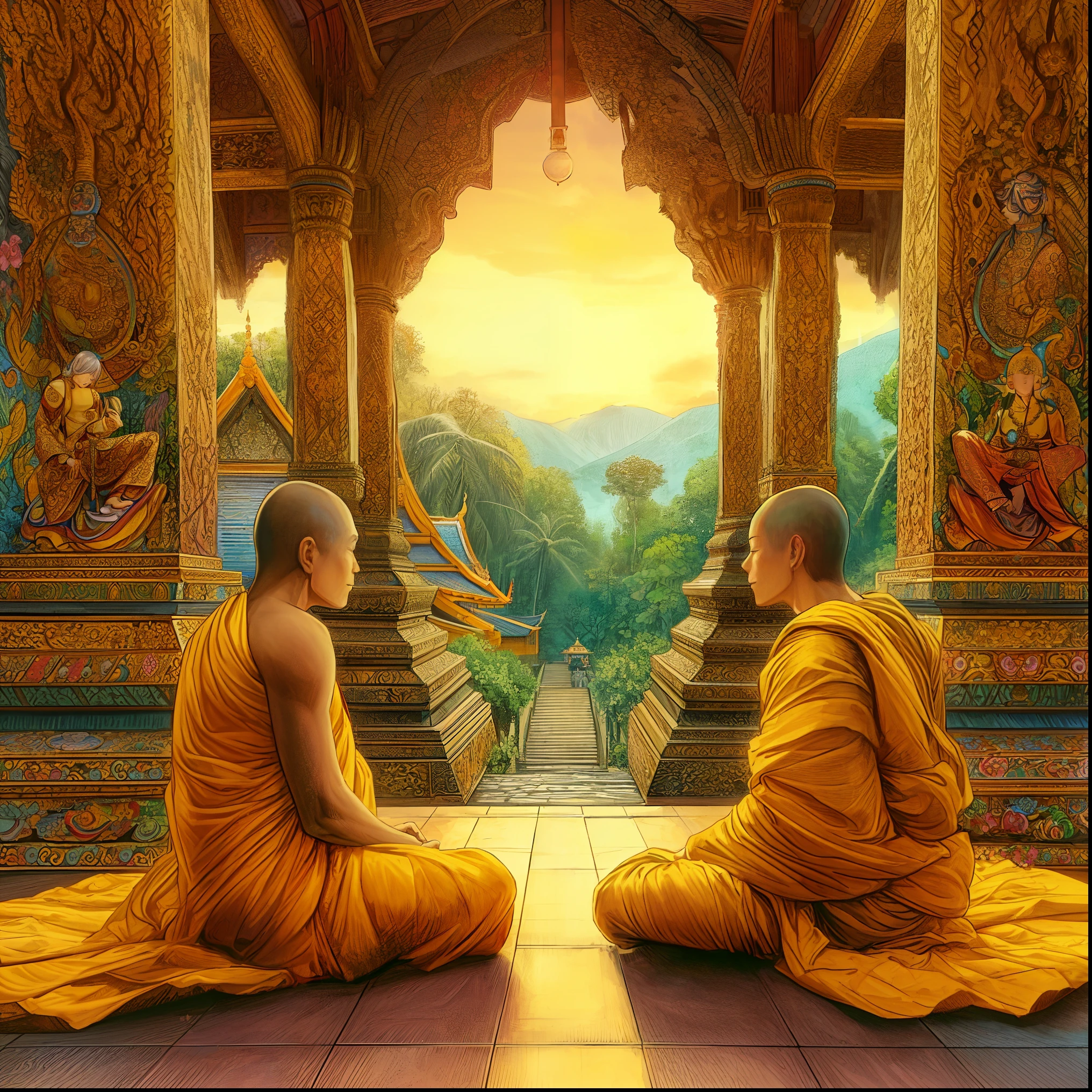 two monks sitting on the ground in front of a building, buddhism, buddhist, on path to enlightenment, monks, on the path to enlightenment, in a temple, monk meditate, beautiful depiction, by John La Gatta, by Kerembeyit, by Johfra Bosschart, breathtaking art, spiritual enlightenment, thailand art, enlightenment. intricate, samsara
