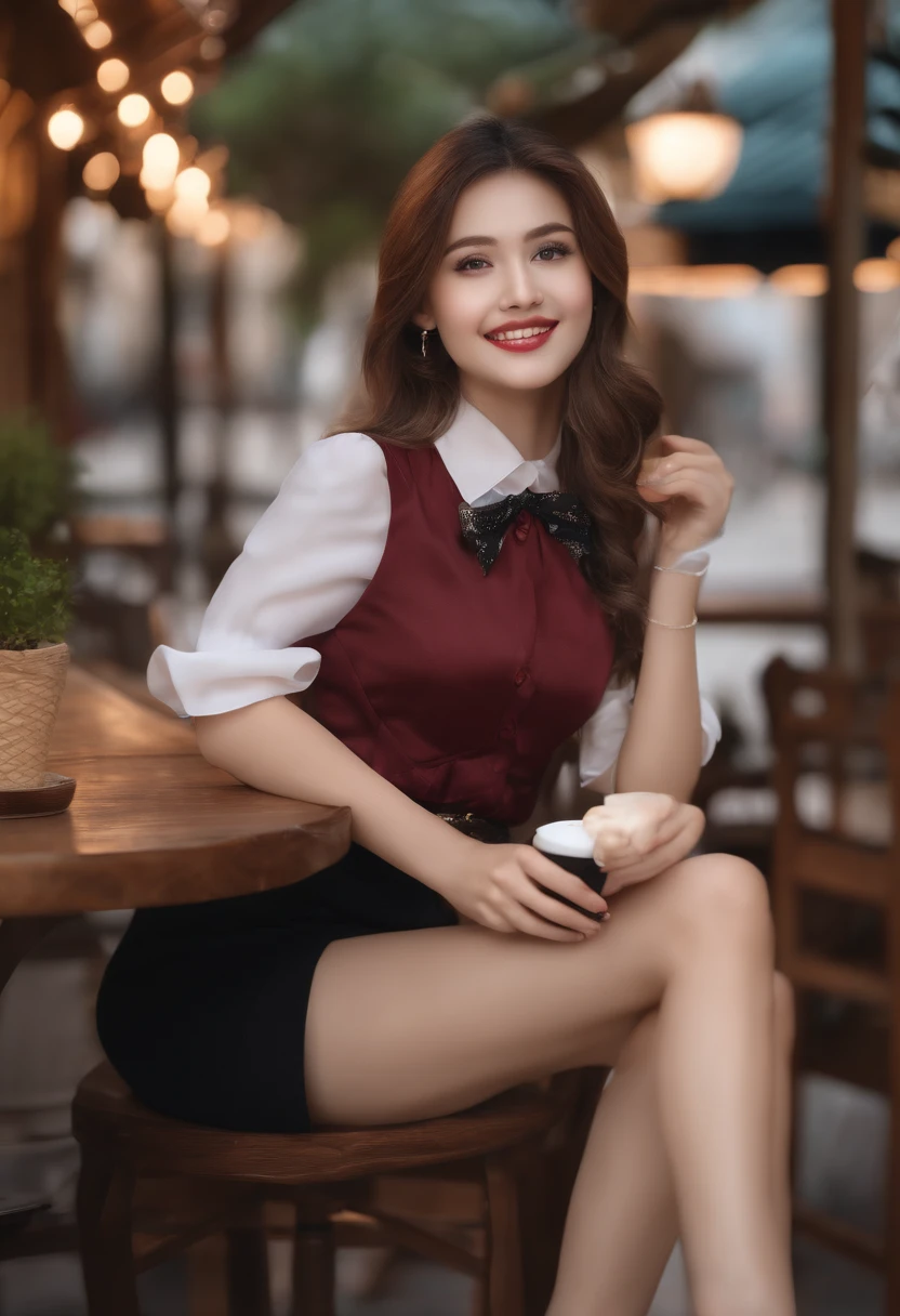 (8k, RAW photo, best quality, masterpiece: 1.2), (realistic, photo-realistic: 1.37), ultra-detailed, 1 girl, cute, solo, beautiful detailed sky, detailed coffee, night, sitting, (flushed nose), (smile: 1.1), (mouth closed), medium breasts, beautiful detailed eyes, (collared shirt: 1.1), bow tie, pleated skirt, (short hair: 1.2), long hair, taking big ice cream,