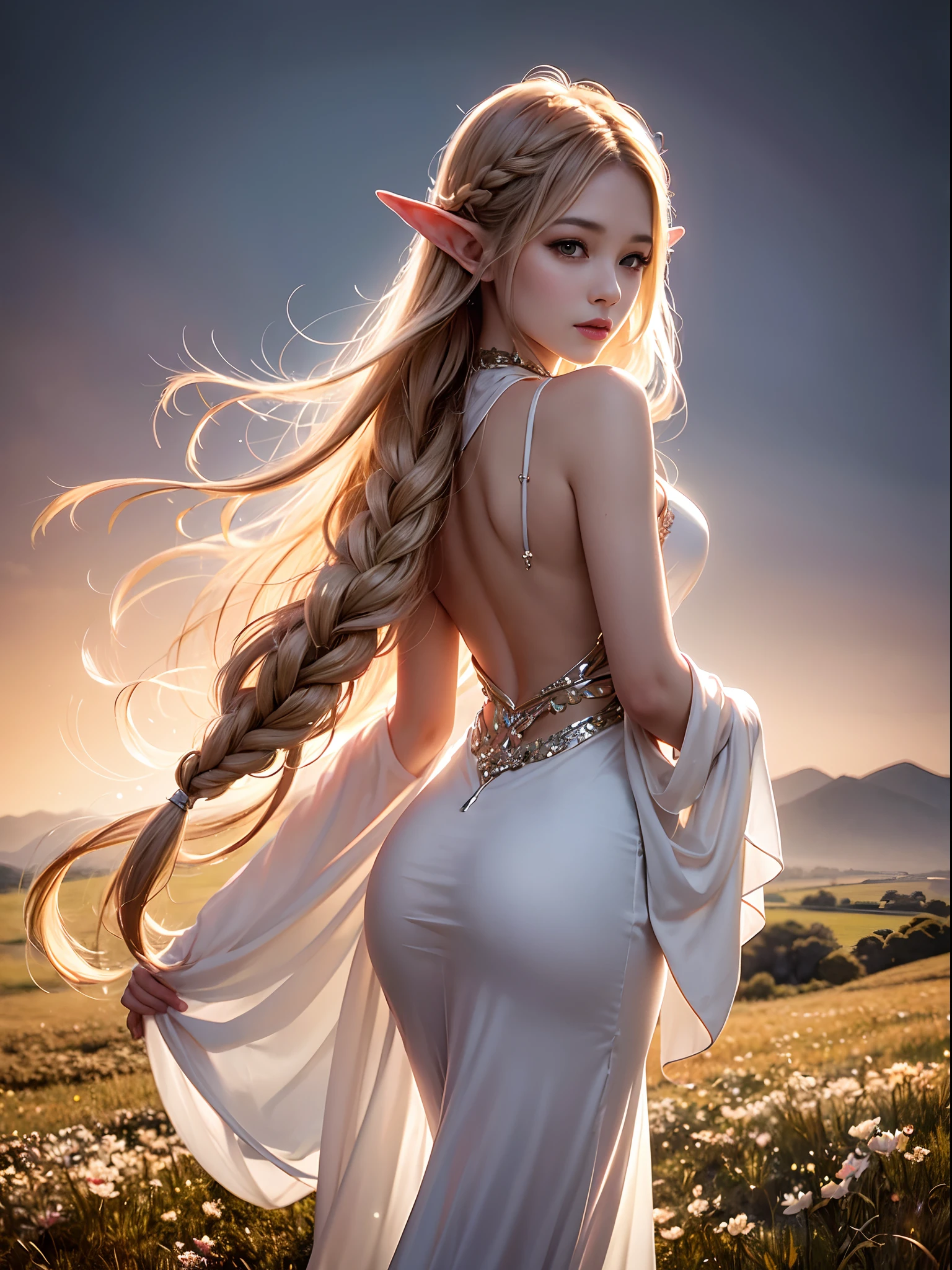 Graceful elven girl standing in meadow, Delicate face illuminated by the soft light of the setting sun. Her long, Flowing hair runs down your back, Decorated with intricate braids、Adorned with sparkling gemstones. This stunning picture is、、It captures the ethereal beauty of elves. Slender figure in a silk dress、Swaying in the soft steppe breeze. Attention to detail、Face that is、It is evident in the intricate patterns of the dress and the subtle highlights of the luminescence. skin. The breathtaking portrayal of the elven girl is、、Create an enchanting atmosphere、It invites the viewer to a magical world.