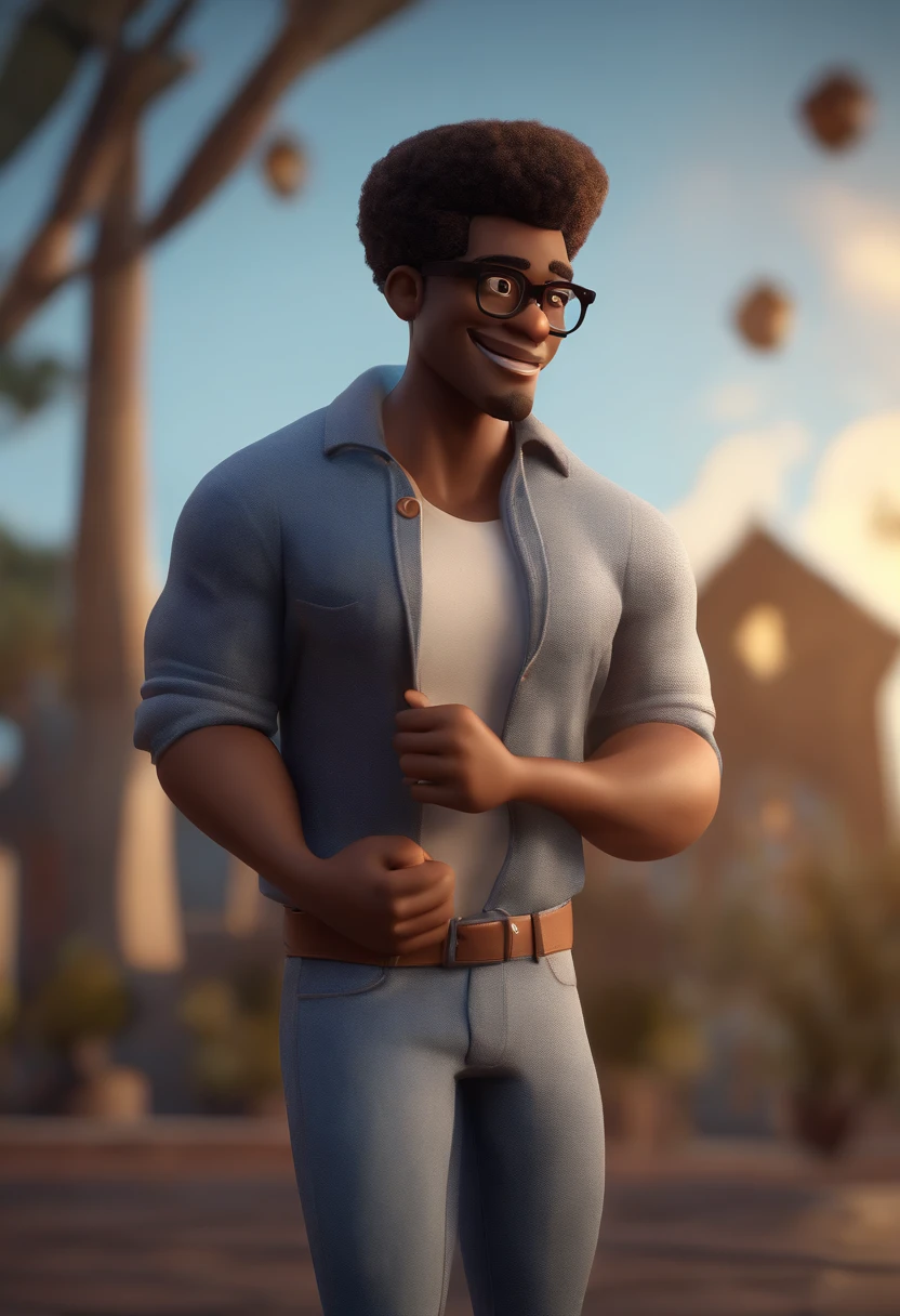 Cartoon character of a man with black glasses, negro de afro e uma camisa azul, animation character, Caractere estilizado, animation style rendering, 3D estilizado, Arnold Maya render, 3 d render stylized, toon render keyshot, Personagem 3D, Personagem 3D, 3d rendering stylized, 3 d character render, personagem de desenho animado, Personagem de close up, Pose de personagem,  (Estilo Pixar) (master part:1.2) (Bokeh) (best quality) (pele detalhada) (textura detalhada) (8k) (argila) (Cinematic lighting) (foco nítido