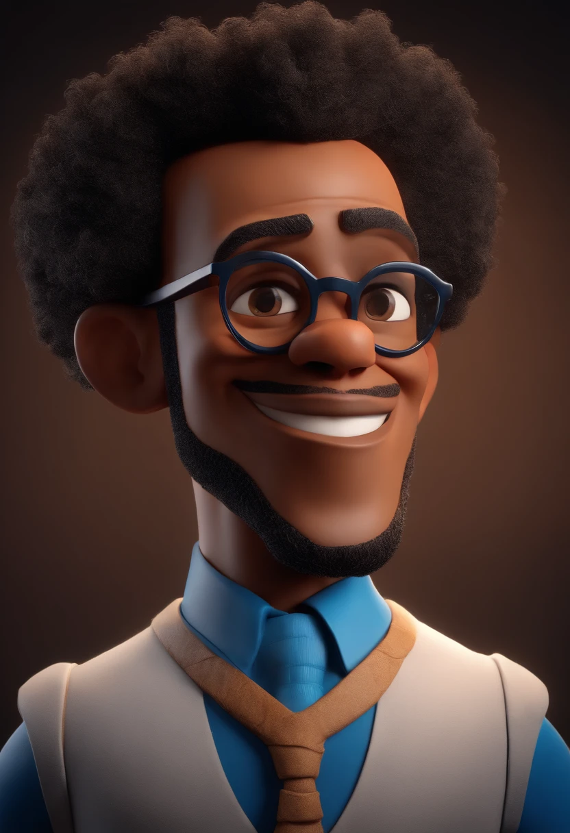 Cartoon character of a man with black glasses, negro de afro e uma camisa azul, animation character, Caractere estilizado, animation style rendering, 3D estilizado, Arnold Maya render, 3 d render stylized, toon render keyshot, Personagem 3D, Personagem 3D, 3d rendering stylized, 3 d character render, personagem de desenho animado, Personagem de close up, Pose de personagem, (Estilo Pixar) (master part:1.2) (Bokeh) (best quality) (pele detalhada) (textura detalhada) (8k) (argila) (Cinematic lighting) (foco nítido