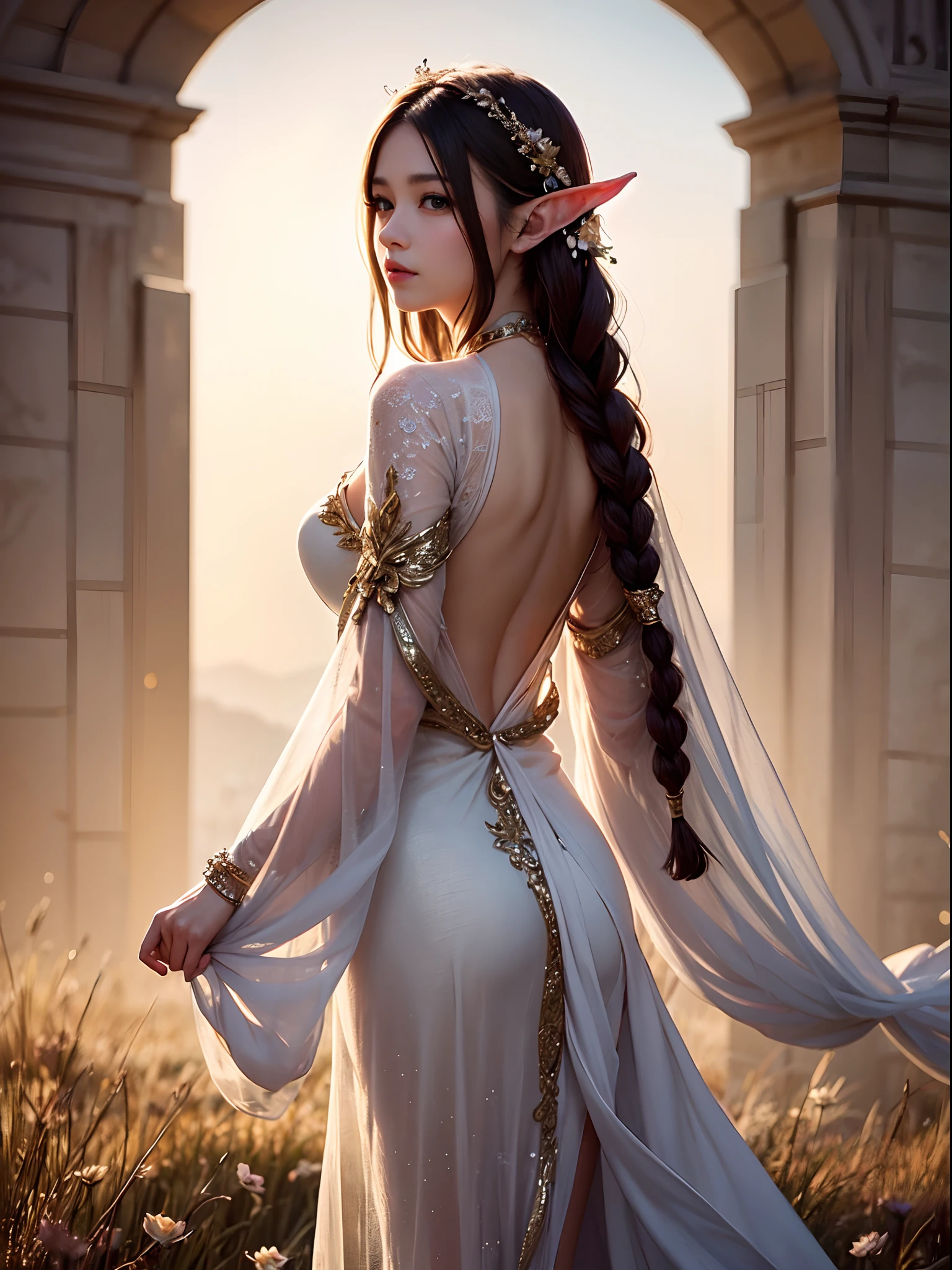 Graceful elven girl standing in meadow, Delicate face illuminated by the soft light of the setting sun. Her long, Flowing hair runs down your back, Decorated with intricate braids、Adorned with sparkling gemstones. This stunning picture is、、It captures the ethereal beauty of elves. Slender figure in a silk dress、Swaying in the soft steppe breeze. Attention to detail、Face that is、It is evident in the intricate patterns of the dress and the subtle highlights of the luminescence. skin. The breathtaking portrayal of the elven girl is、、Create an enchanting atmosphere、It invites the viewer to a magical world.