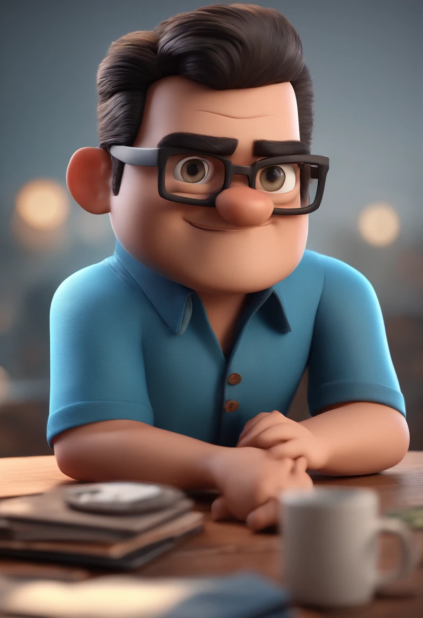 Cartoon character of a man with black glasses and a blue shirt, animation character, Caractere estilizado, animation style rendering, 3D estilizado, Arnold Maya render, 3 d render stylized, toon render keyshot, Personagem 3D, Personagem 3D, 3d rendering stylized, 3 d character render, personagem de desenho animado, Personagem de close up, Pose de personagem, (Estilo Pixar) (master part:1.2) (Bokeh) (best quality) (pele detalhada) (textura detalhada) (8k) (argila) (Cinematic lighting) (foco nítido