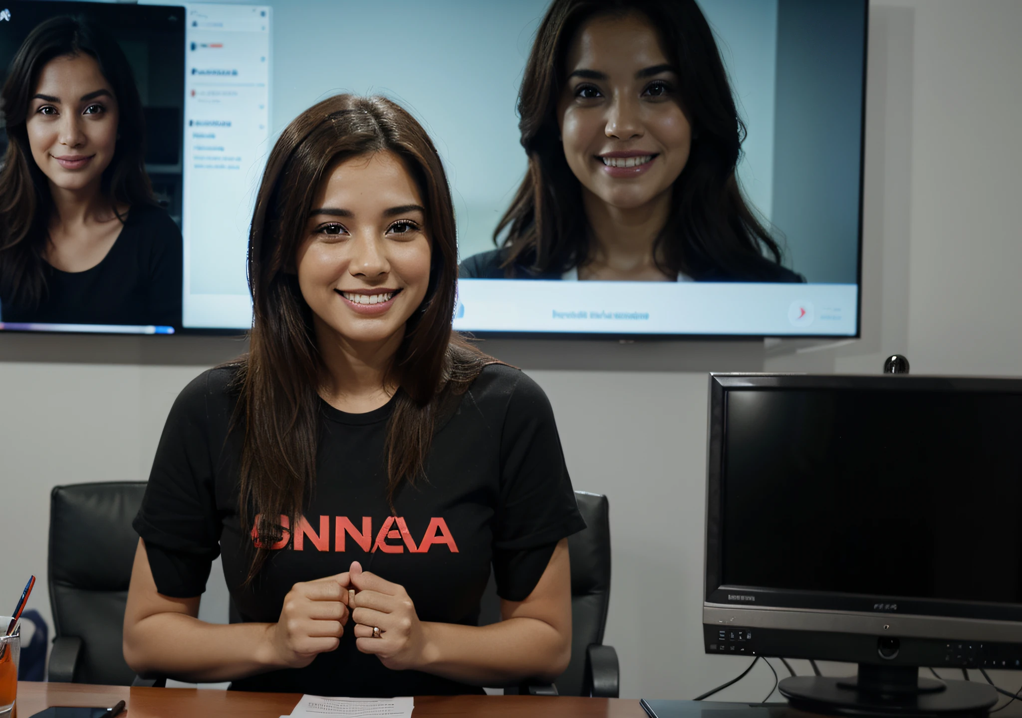 Mujer sin gafas, sonriendo presentando, una noticia en un escritorio, sentado frente a un estudio de tv