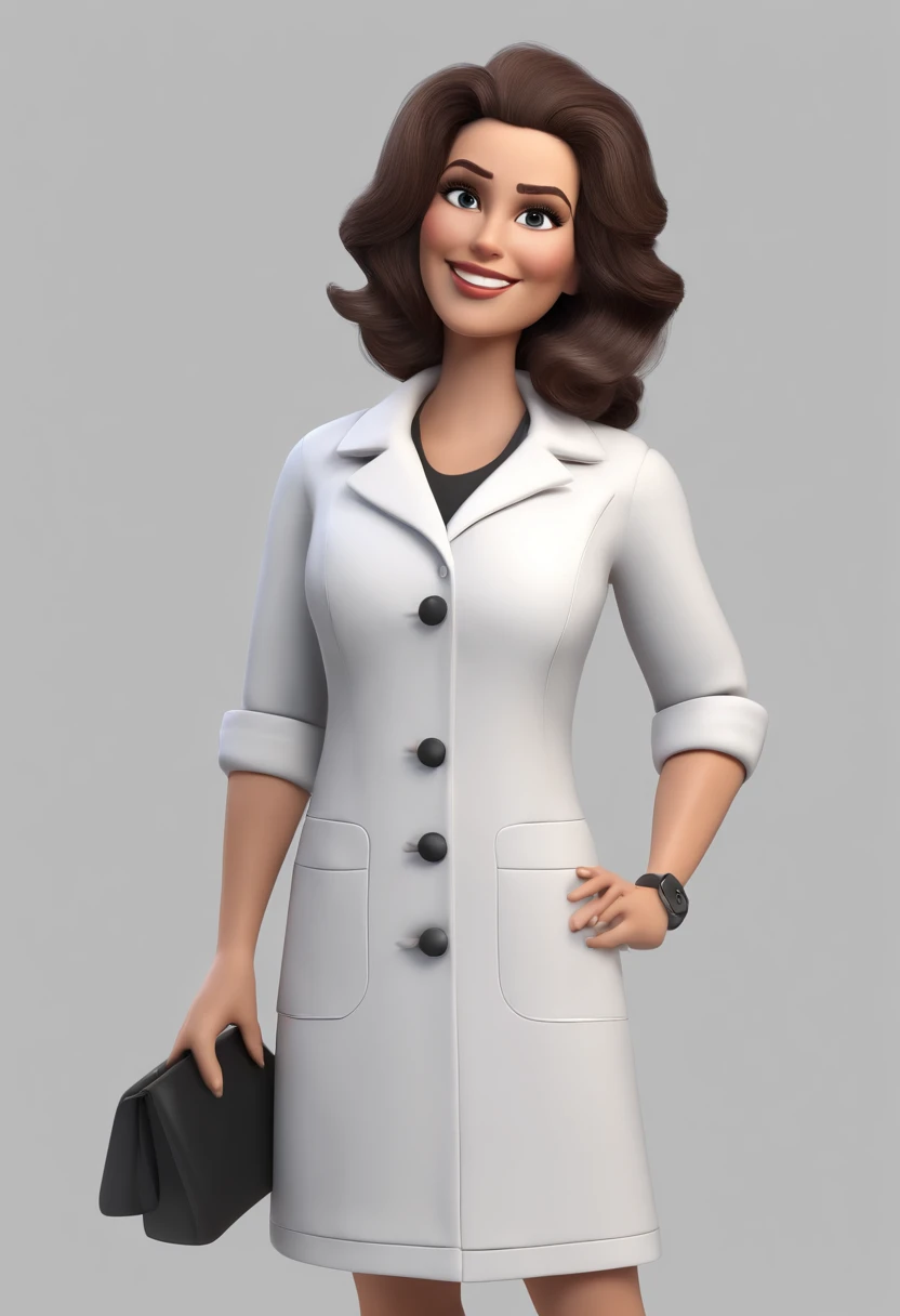 Woman cartoon character wearing white lab coat with black eyes and big eyelashes, boca desenhada e nariz fino, with medium brown and wavy hair, Inside a Clinical Animation Character, Caractere estilizado, animation style rendering, 3D estilizado, Arnold Maya render, 3 d render stylized, toon render keyshot, Personagem 3D, Personagem 3D, 3d rendering stylized, 3 d character render, personagem de desenho animado, Personagem de close up, Pose de personagem,  (Estilo Pixar) (master part:1.2) (Bokeh) (best quality) (pele detalhada) (textura detalhada) (8k) (argila) (Cinematic lighting) (foco nítido