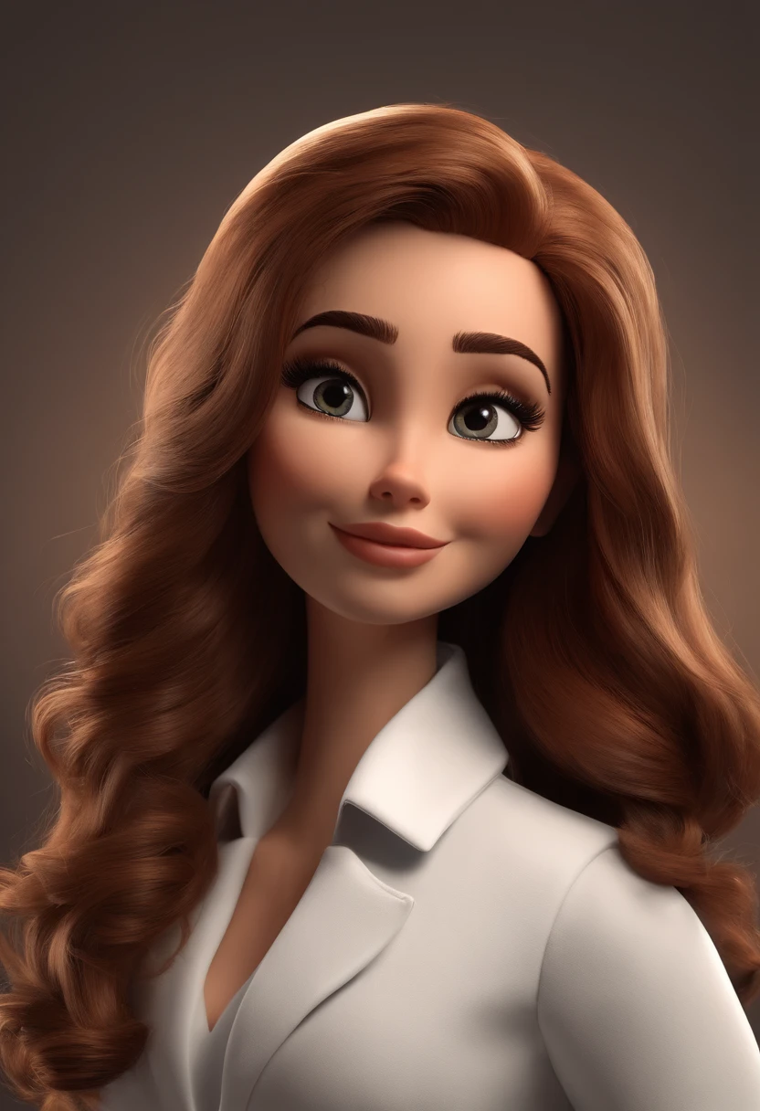 Woman cartoon character wearing white lab coat with black eyes and big eyelashes, boca desenhada e nariz fino, with medium brown and wavy hair, Inside a Clinical Animation Character, Caractere estilizado, animation style rendering, 3D estilizado, Arnold Maya render, 3 d render stylized, toon render keyshot, Personagem 3D, Personagem 3D, 3d rendering stylized, 3 d character render, personagem de desenho animado, Personagem de close up, Pose de personagem, (Estilo Pixar) (master part:1.2) (Bokeh) (best quality) (pele detalhada) (textura detalhada) (8k) (argila) (Cinematic lighting) (foco nítido