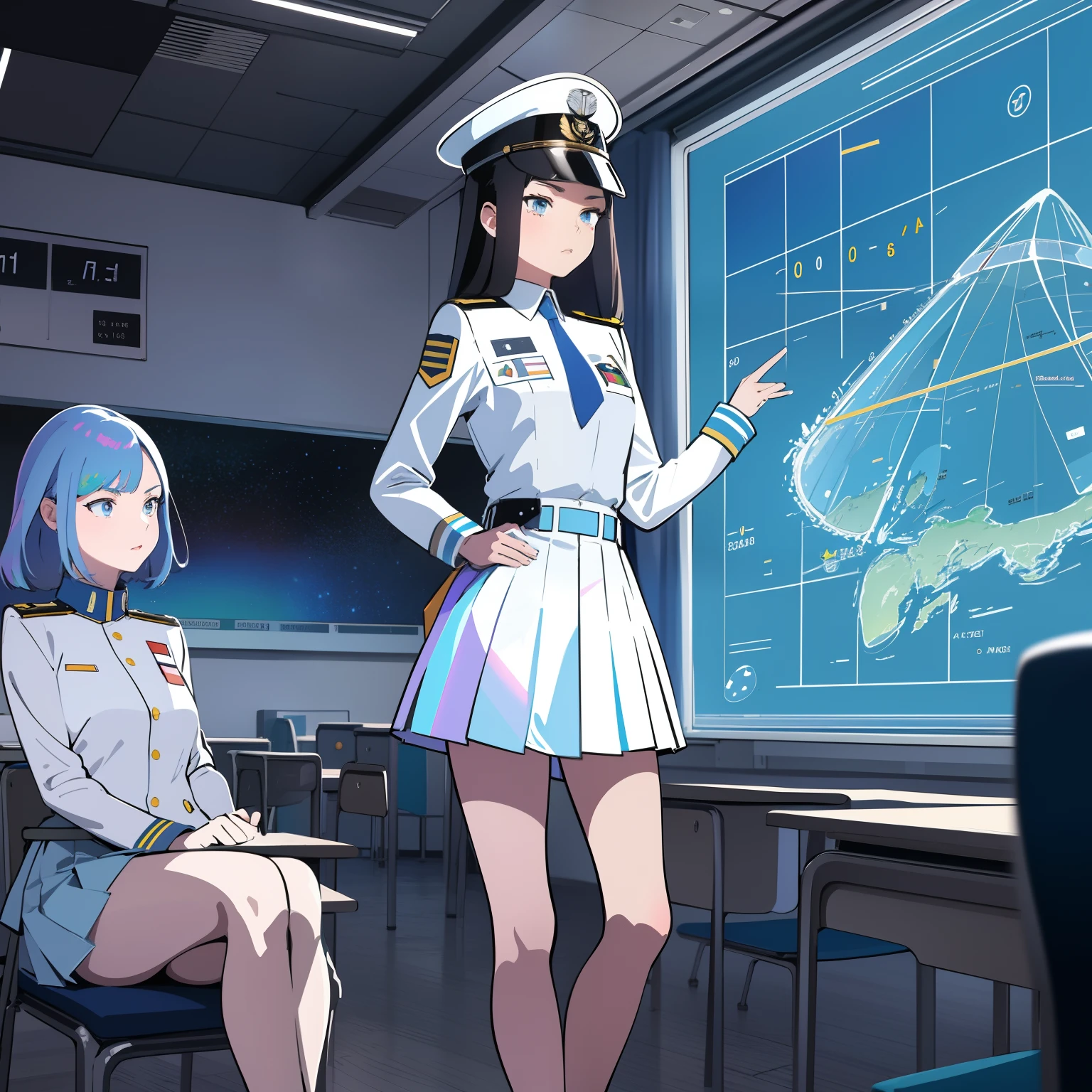 superflat, flat shading, flat colors, (masterpiece:1.2, best quality), (closeup), 2girls teacher and student, teen girl, white space cadet uniform, military hat, short pleated skirt, serious, standing by holographic board displaying math shapes, classroom, spaceship interiors, sci-fi, cosmos outside window, watercolor