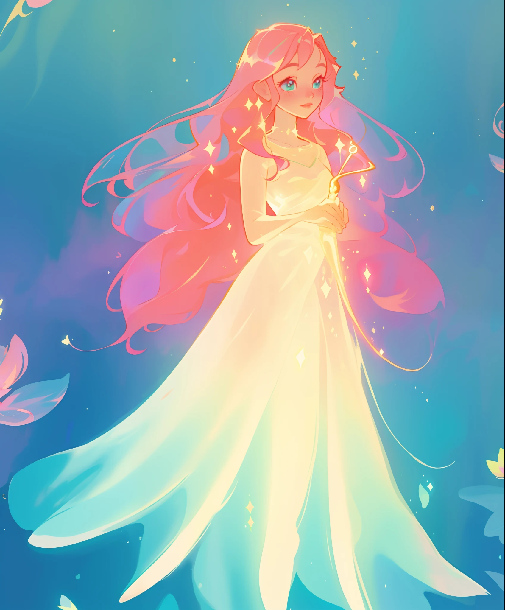 beautiful girl in glowing gradient ballgown, flowing pink hair, ((sparkling gold aqua gradient dress)), whimsical fantasia and flowers background, vibrant pastel colors, (colorful), magical lights, magical flowers, flowers, glowing lights, red pink long wavy hair, sparkling lines of light, inspired by Glen Keane, inspired by Lois van Baarle, disney art style, by Lois van Baarle, glowing aura around her, by Glen Keane, jen bartel, glowing lights! digital painting, flowing glowing hair, glowing flowing hair, beautiful digital illustration, fantasia background, whimsical, magical, fantasy, beautiful face, ((masterpiece, best quality)), intricate details, highly detailed, sharp focus, 8k resolution, sparkling detailed eyes, liquid watercolor