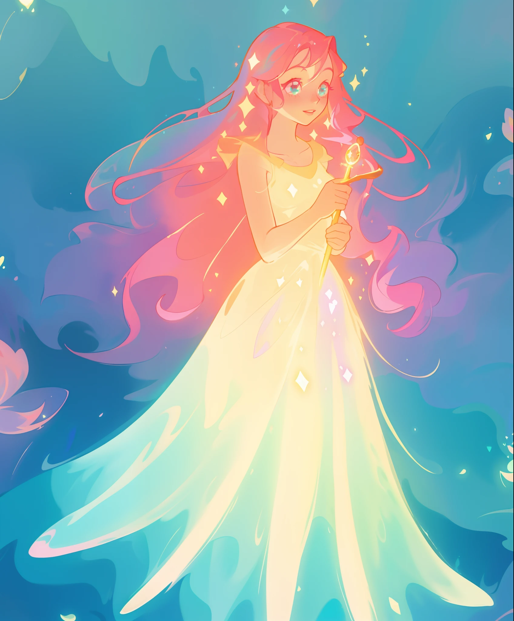 beautiful girl in glowing gradient ballgown, flowing pink hair, ((sparkling gold aqua gradient dress)), whimsical fantasia and flowers background, vibrant pastel colors, (colorful), magical lights, magical flowers, flowers, glowing lights, red pink long wavy hair, sparkling lines of light, inspired by Glen Keane, inspired by Lois van Baarle, disney art style, by Lois van Baarle, glowing aura around her, by Glen Keane, jen bartel, glowing lights! digital painting, flowing glowing hair, glowing flowing hair, beautiful digital illustration, fantasia background, whimsical, magical, fantasy, beautiful face, ((masterpiece, best quality)), intricate details, highly detailed, sharp focus, 8k resolution, sparkling detailed eyes, liquid watercolor
