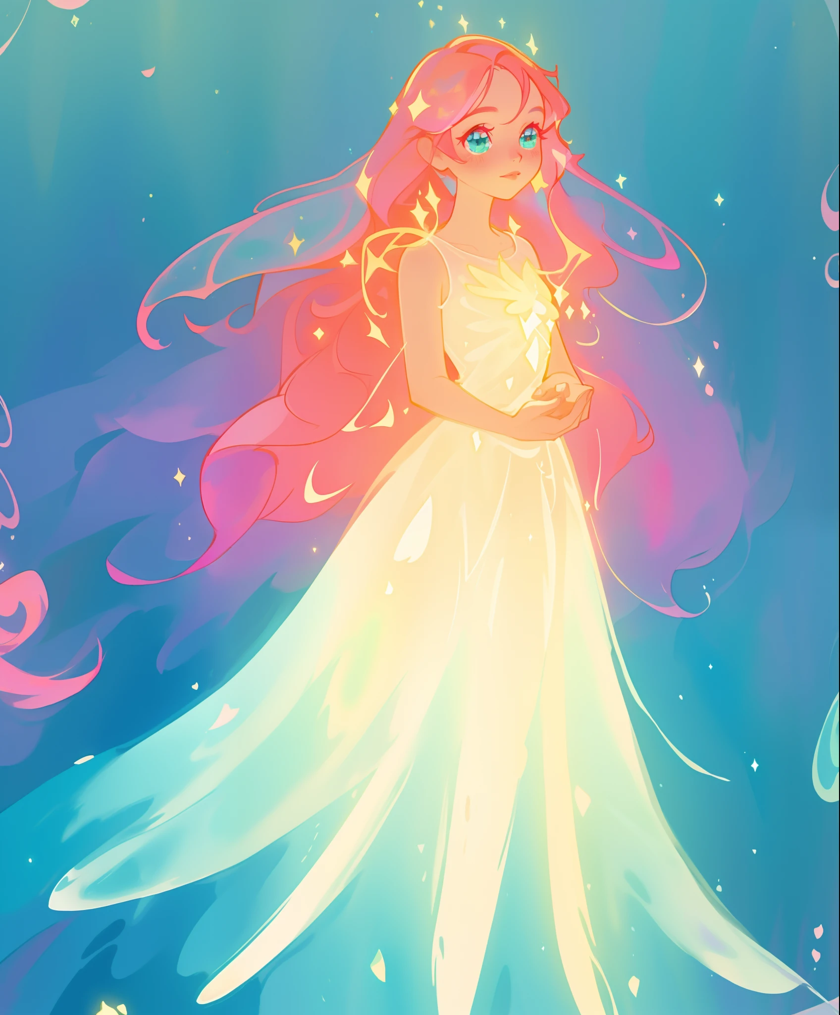 beautiful girl in glowing gradient ballgown, flowing pink hair, ((sparkling gold aqua gradient dress)), whimsical fantasia and flowers background, vibrant pastel colors, (colorful), magical lights, magical flowers, flowers, glowing lights, red pink long wavy hair, sparkling lines of light, inspired by Glen Keane, inspired by Lois van Baarle, disney art style, by Lois van Baarle, glowing aura around her, by Glen Keane, jen bartel, glowing lights! digital painting, flowing glowing hair, glowing flowing hair, beautiful digital illustration, fantasia background, whimsical, magical, fantasy, beautiful face, ((masterpiece, best quality)), intricate details, highly detailed, sharp focus, 8k resolution, sparkling detailed eyes, liquid watercolor