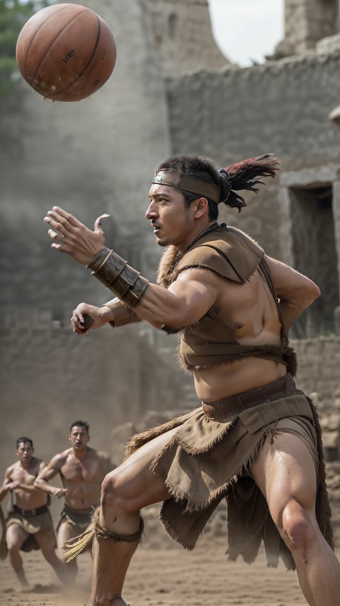 arafed man in a gladia costume throwing a basketball, dramatic cinematic action shot, vfx action shot, apocalypto, still from a live action movie, cinematic action shot, scene from live action movie, still from a fantasy movie, an aztec warrior, stunning vfx, mexican warrior, action scene from the film, cinematic mid shot fight