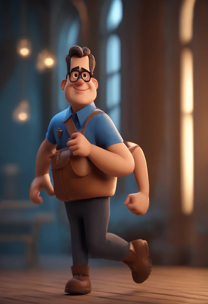 Cartoon character of a man wearing black glasses and a blue shirt, um personagem animado, Caractere estilizado, animation style rendering, 3D estilizado, Arnold Maya render, 3 d render stylized, toon render keyshot, Personagem 3D, Personagem 3D, 3d rendering stylized, 3 d character render, personagem de desenho animado, Personagem de close up, Pose de personagem, (Estilo Pixar) (master part:1.2) (Bokeh) (best quality) (pele detalhada) (textura detalhada) (8k) (argila) (Cinematic lighting) (foco nítido,Senta e vaza a parte superior do corpo
