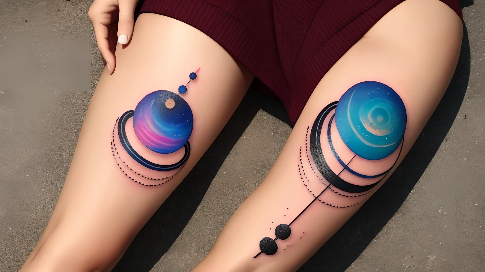Saturn tattoo above knee