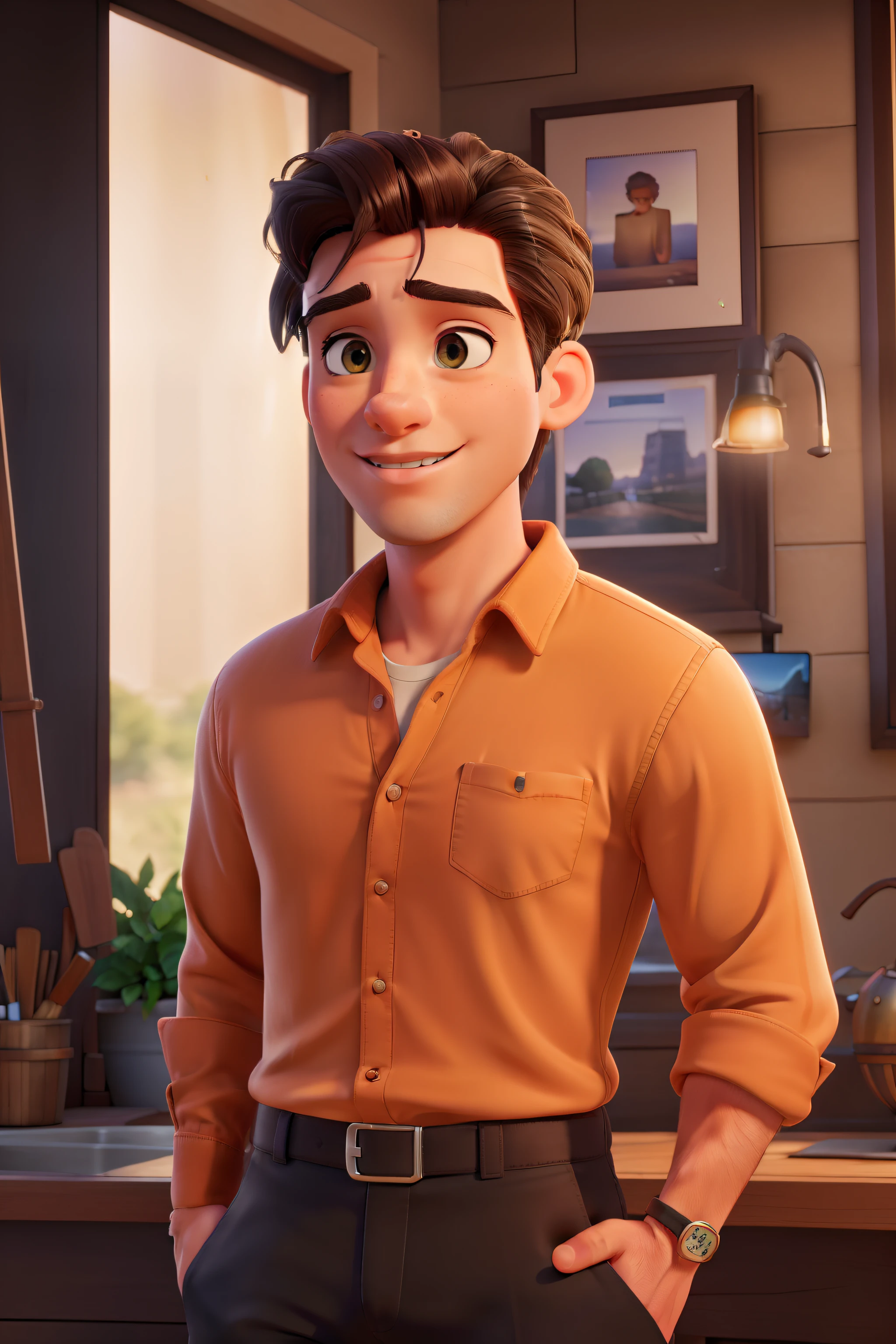 (best quality,4k,8k,highres,masterpiece:1.2),ultra-detailed,(realistic,photorealistic,photo-realistic:1.37),HDR,UHD,studio lighting,vivid colors,physically-based rendering,long eyelashes,beautiful detailed eyes,strong jawline,charming smile,(handsome,attractive:1.1),black hair,orange shirt,black pants,muscular build,confident posture,pointing with index finger,casual style,garden background,sunlight streaming through trees,soft shadows