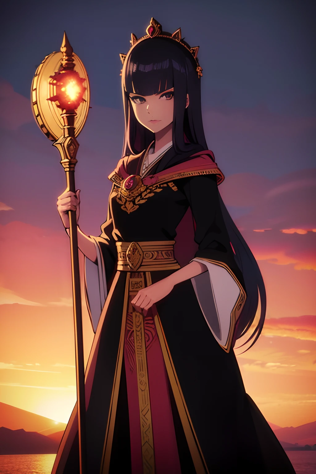 Royal Guard, Divine Guard, Masterpiece, Best quality, 8K, Super detailed, Japanese, Mask, Magical staff, Epic, Dark, Dark Forces, Evil, Magical, Divine, Scary, Women, Beautiful Face, Beautiful Eyes