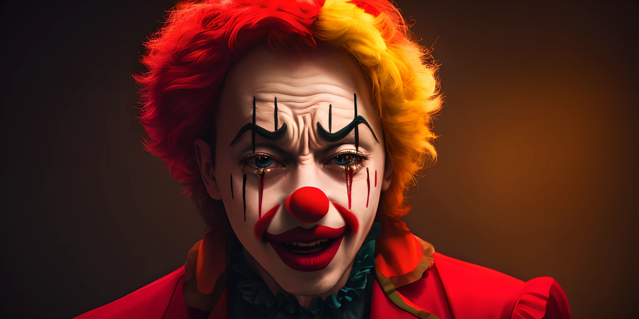 Dark clown image, rosto expressivo, menacing stare, Cinematic scenery Houses in ruins, (noite sombria), chuva, vento, atompunkstylesd15, hiper realista, cores vibrantes, (add_detail:1)