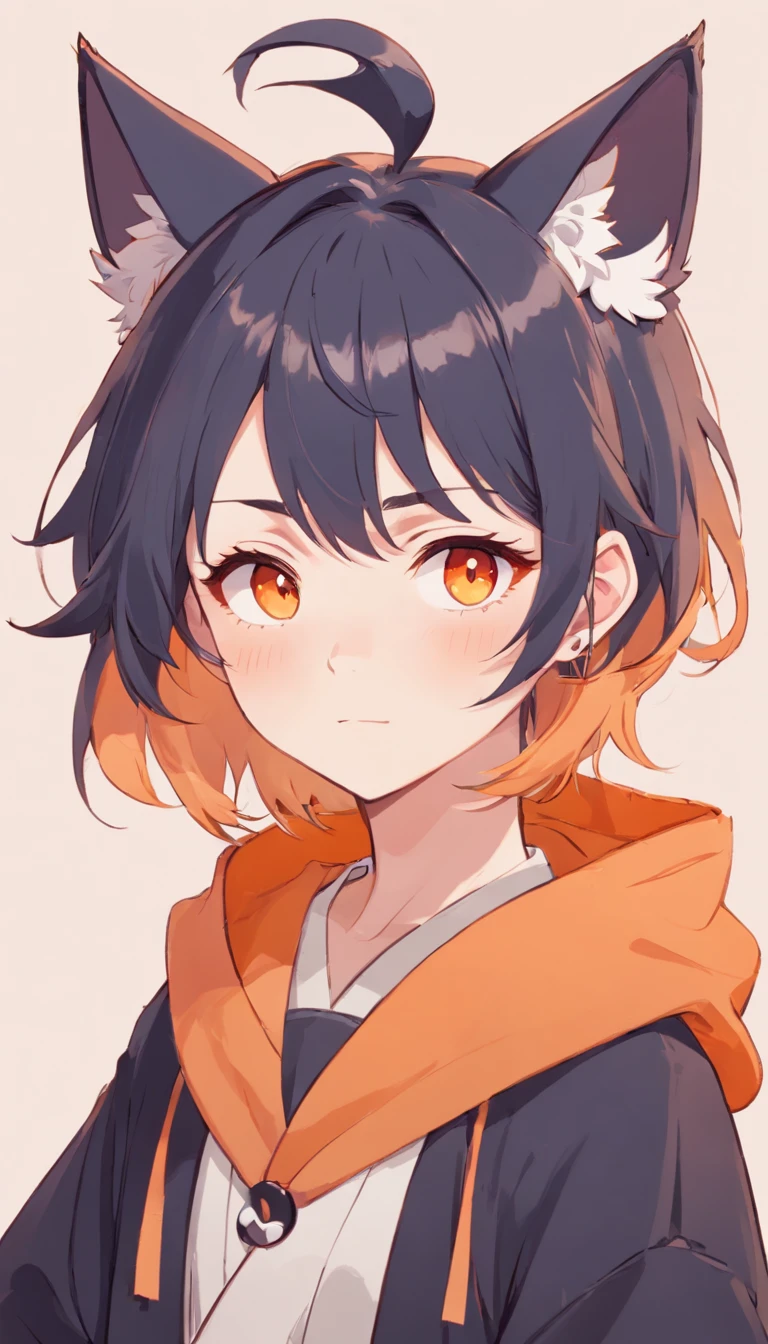 best quality, contemporary, flat style, minimalism, Amber Orange Eyes Flat Illustration, white and orange gradient ombre hair, short hair, multicolored hair, Black Shirt, mechanical wings, Head Portrait Close-U, pointed chest, flat chest, pastel hair colors, 1boy, in kimono, hand-painted,Colorless, colored line drawing of pastel femboy yandere, Tekken, Super cute feminine 19 year old boy with white and orange hair boy with gothic makeup on the side, with dark baggy hoodie outfit,slender figure,sturdy,He sat on the floor,Dressed in dark baggy outfits,very short hair,with cat ears,quadratic element,, orange kawaii in 1910 era outfit, fall color scheme, semi-monochromatic artstyle, in the style of the palette soft colors aurorapunk, an anime illustration of his face, animated gifs, hand drawn animation, charming sketches, soft and bright, hazy romanticism, Superflat Style, white background - ar 1:1 - niji 5 - expressive style --s 50, hot mature femboy, clothes, in the style of soft aurorapunk color palette, an anime illustration of his face, animated gifs, hand drawn animation, charming sketches, soft and bright, hazy romanticism, Style Superflat, White Background - Air 1:1 - Niji 5 - Expressive Style --s 50, Absurd, High, Ultra Detailed, (1boy:1.3), Break, Create an image with beautiful calligraphy, with expressive lettering, elegant flourishes and a sense of skill and ability, Lesser Dragon,boy,Hands on arms