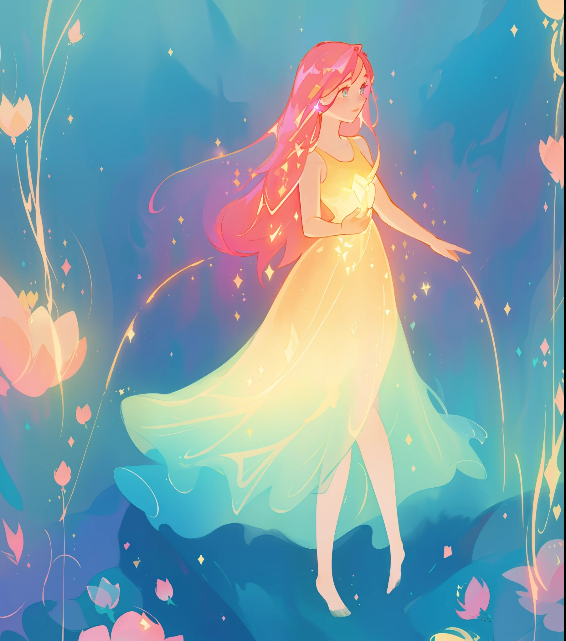 beautiful girl, flowing pink hair, ((sparkling gold aqua gradient dress)), whimsical fantasia and flowers background, vibrant pastel colors, (colorful), magical lights, magical flowers, flowers, glowing lights, red pink long hair, sparkling lines of light, inspired by Glen Keane, inspired by Lois van Baarle, disney art style, by Lois van Baarle, glowing aura around her, by Glen Keane, jen bartel, glowing lights! digital painting, flowing glowing hair, glowing flowing hair, beautiful digital illustration, fantasia background, whimsical, magical, fantasy, beautiful face, ((masterpiece, best quality)), intricate details, highly detailed, sharp focus, 8k resolution, sparkling detailed eyes, liquid watercolor