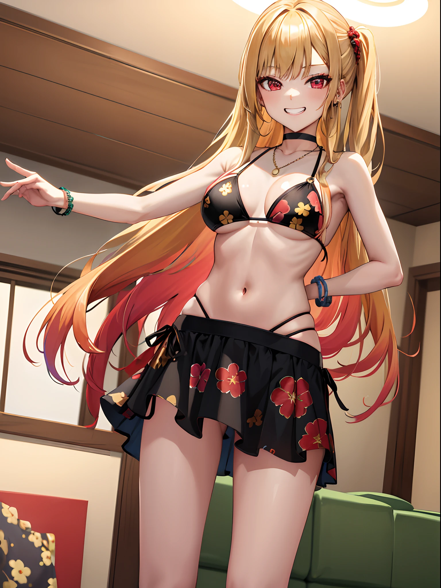 masterpiece, best quality, highres, kitagawa marin, 1girl, blonde hair, long hair, multicolored hair, red eyes, jewelry, necklace, choker, black bikini, floral print, bracelet, side-tie bikini bottom, cowboy shot, indoors, room, standing, grin, straight-on, arms at sides