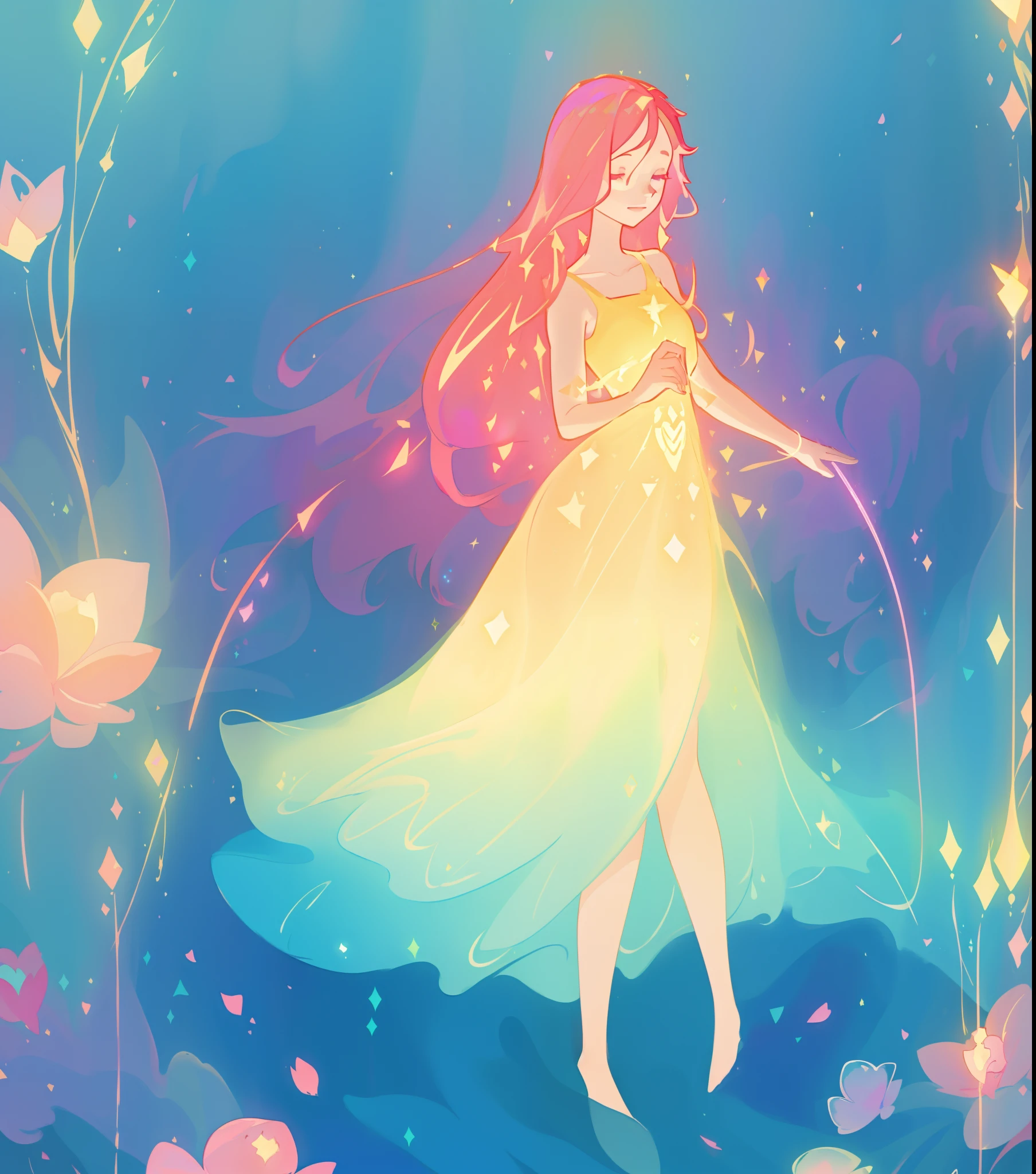 beautiful girl, flowing pink hair, ((sparkling gold aqua gradient dress)), whimsical fantasia and flowers background, vibrant pastel colors, (colorful), magical lights, magical flowers, flowers, glowing lights, red pink long hair, sparkling lines of light, inspired by Glen Keane, inspired by Lois van Baarle, disney art style, by Lois van Baarle, glowing aura around her, by Glen Keane, jen bartel, glowing lights! digital painting, flowing glowing hair, glowing flowing hair, beautiful digital illustration, fantasia background, whimsical, magical, fantasy, beautiful face, ((masterpiece, best quality)), intricate details, highly detailed, sharp focus, 8k resolution, sparkling detailed eyes, liquid watercolor