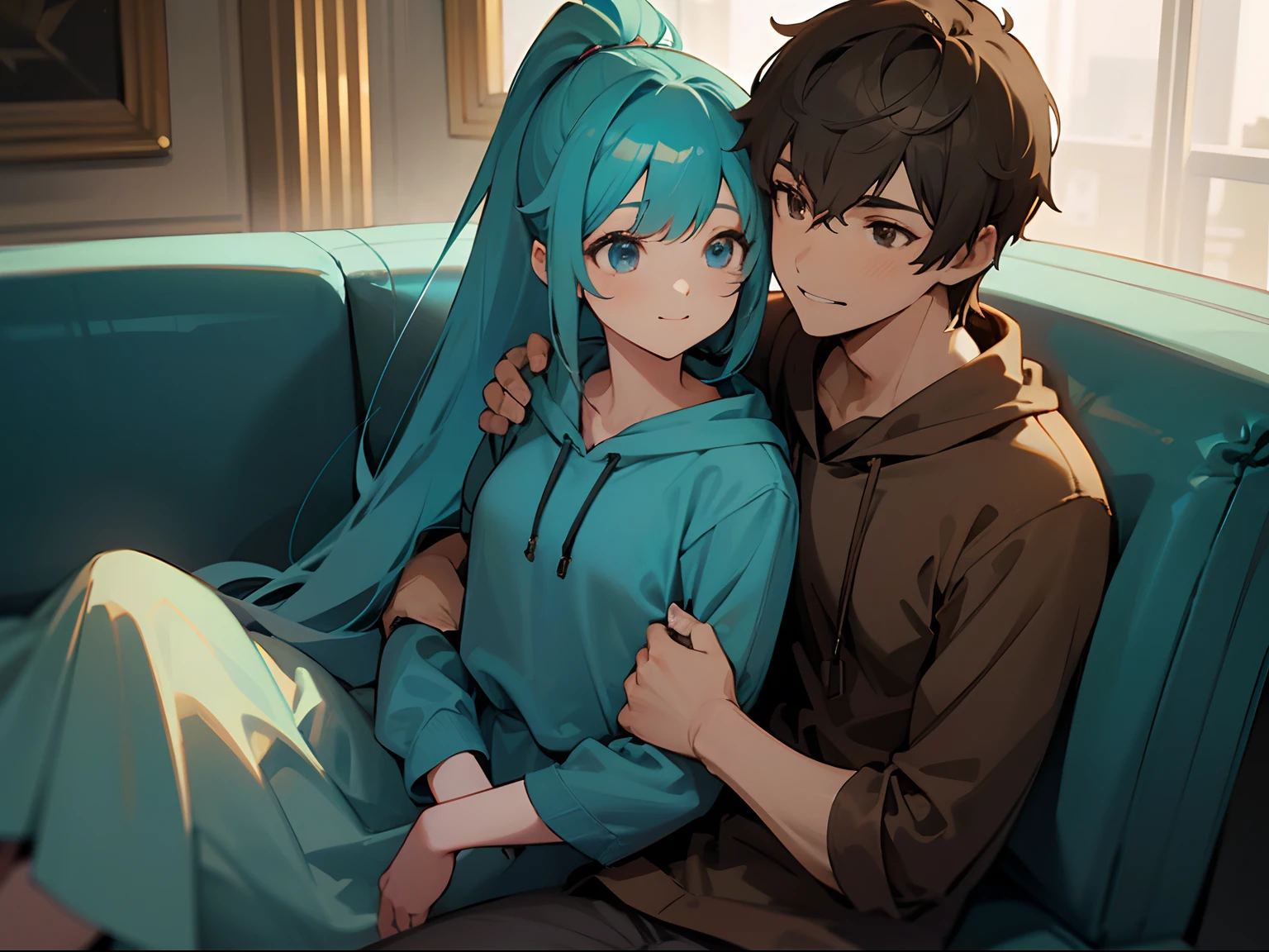 1 Man with Short Brown hair, Brown eyes, wearing a Blue hoodie, sitting with 1 Woman, Woman with Long Aqua Blue hair and Ponytail, Blue eyes, sitting with the Man, Woman head laying on Man's shoulder, Wholesome couple picture, Sitting together on Sofa Couch, Both smiling happily, Cute