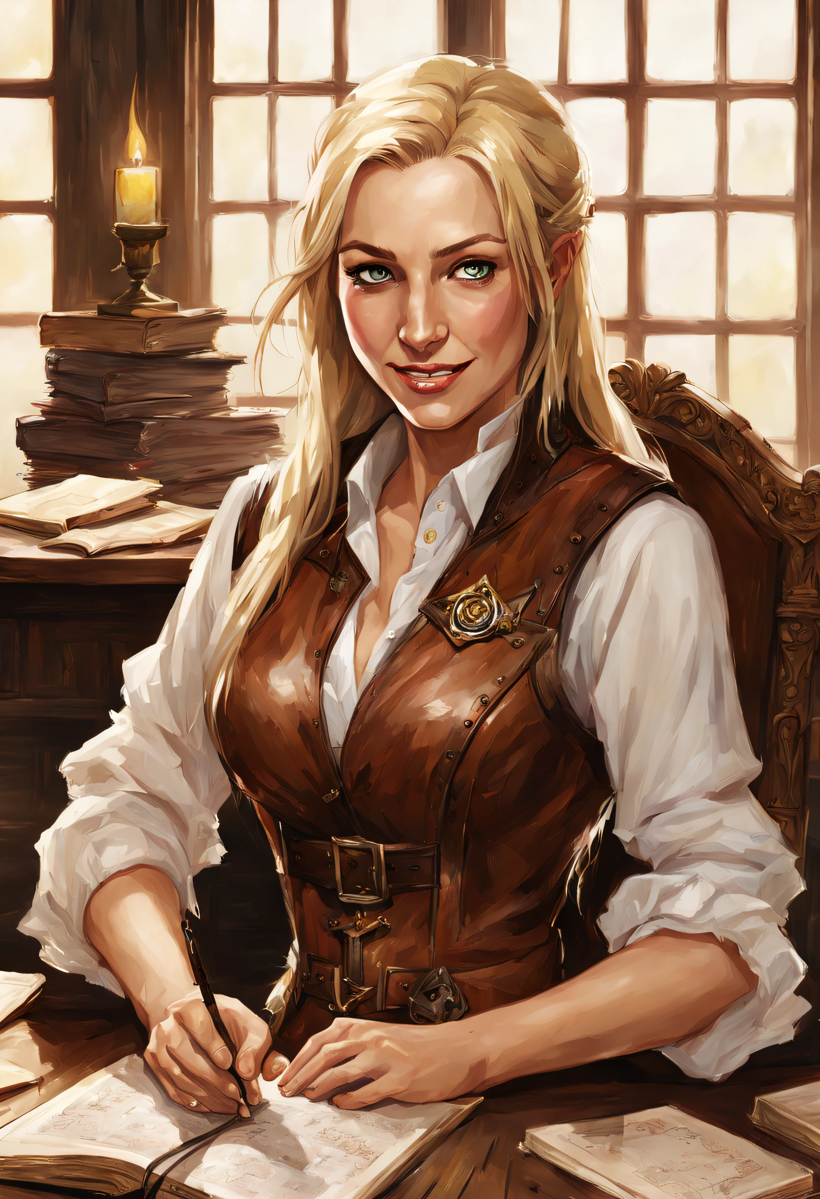 Fantasy dungeons and dragons artwork depicting a middle-aged woman with long straight blonde hair and yellow eyes, she is wearing a well-tailored leather vest over a white dress, she is sitting at an ornate wooden desk with papers stacked on top of it, she is smiling and holding a tattered brown journal