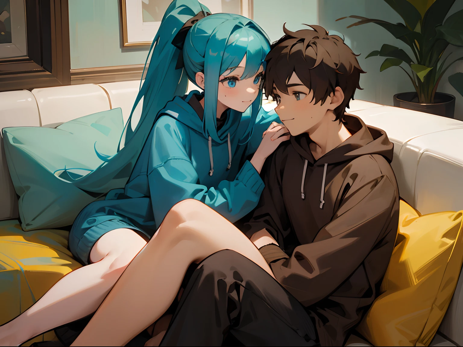 1 Man with Short Brown hair, Brown eyes, wearing a Blue hoodie, sitting with 1 Woman, Woman with Long Aqua Blue hair and Ponytail, Blue eyes, sitting with the Man, Woman head laying on Man's shoulder, Wholesome couple picture, Sitting together on Sofa Couch, Both smiling happily, Cute, Blanket over their legs, Legs under a Blanket