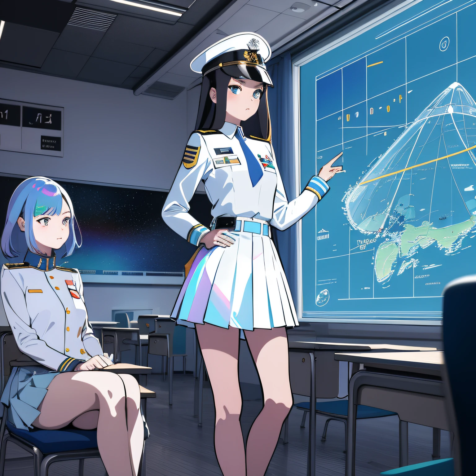 superflat, flat shading, flat colors, (masterpiece:1.2, best quality), (closeup), 2girls teacher and student, teen girl, white space cadet uniform, military hat, short pleated skirt, serious, standing by holographic board displaying math shapes, classroom, spaceship interiors, sci-fi, cosmos outside window, watercolor