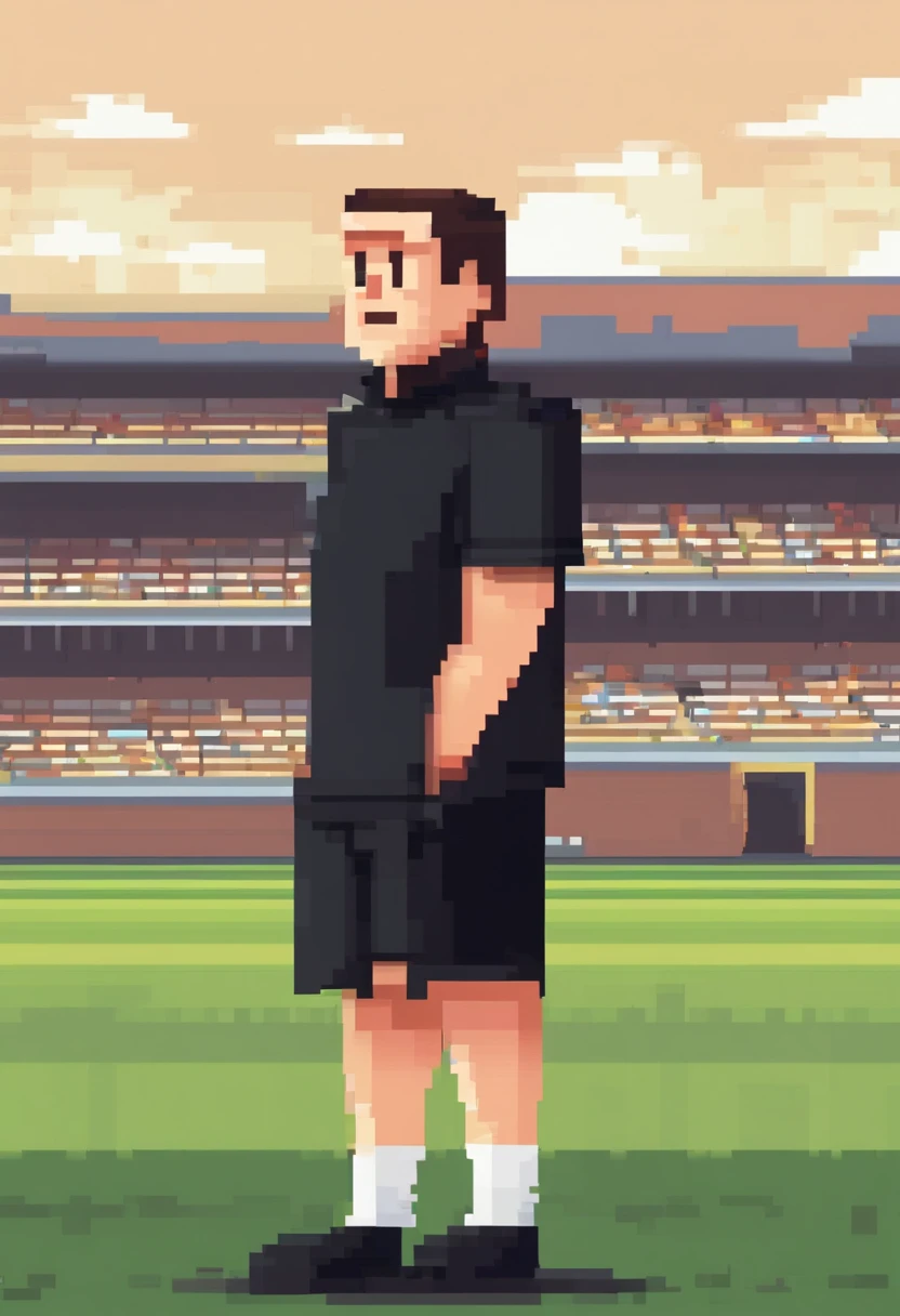 Smiling man in black polo shirt standing on a soccer field