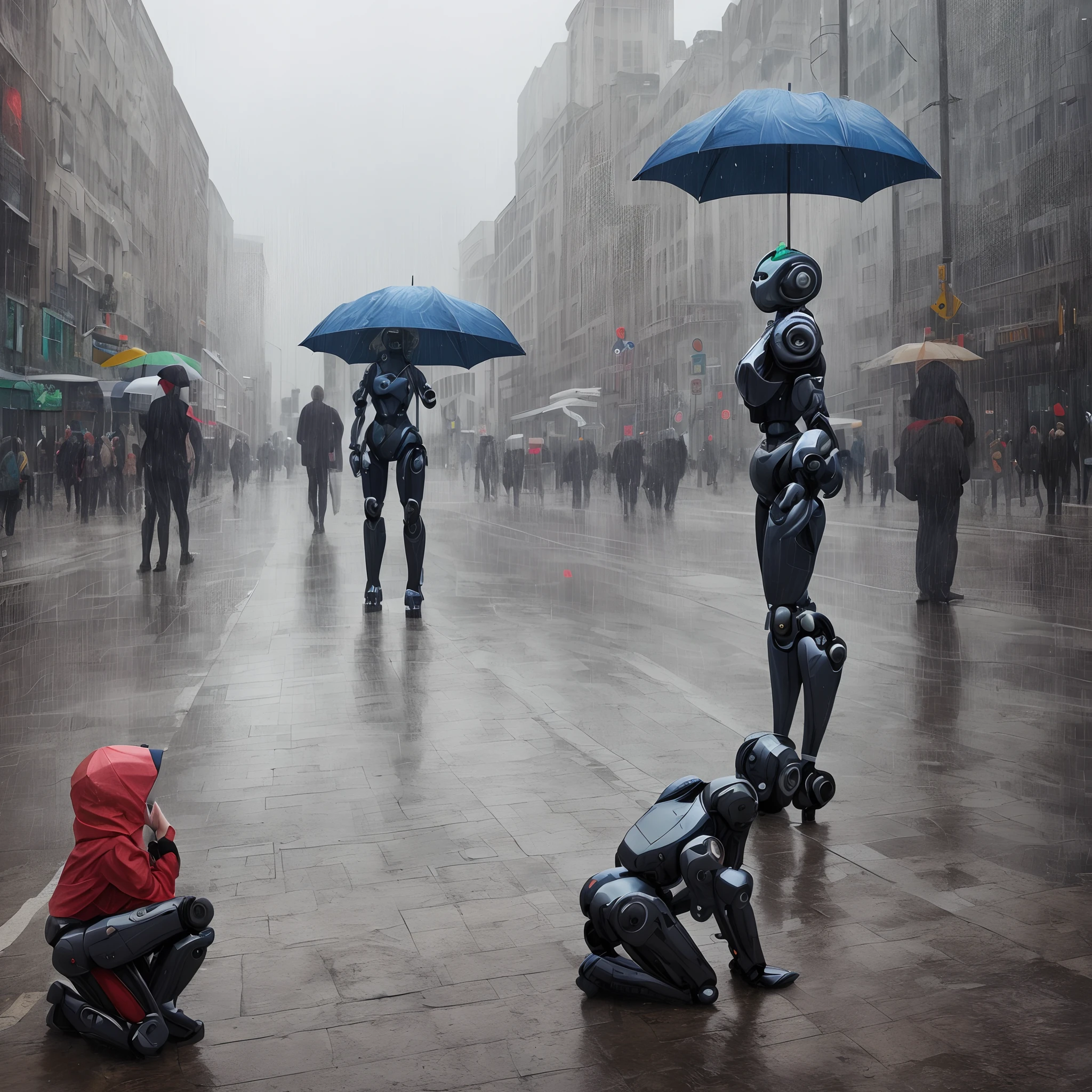 In the future, in a city, a humanoid robot woman kneels on the street, in pouring rain, people are walking around her, with an umbrella, digital image
