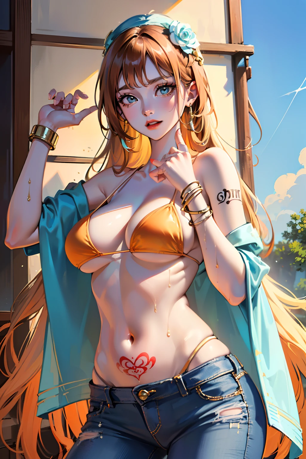 ((巨作)) ((Best Quality)) ((A highly detailed)) ((1Woman)) ((bikini)) ((bikini top only)) ((orange long hair)) ((silky long hair)) ((Right shoulder tattoo)) ((tall ;)) ((One Piece Nami)) ((Nami)) ((wet body)) ((big tits)) ((Attractive eyes)) ((sharp eyes)) ((slim body)) ((High-precision shades)) ((Attractive colors)) ((sky blue)) ((Log pose on her hand)) ((gold bracelets)) , tight , Low length jeans , Light shadows