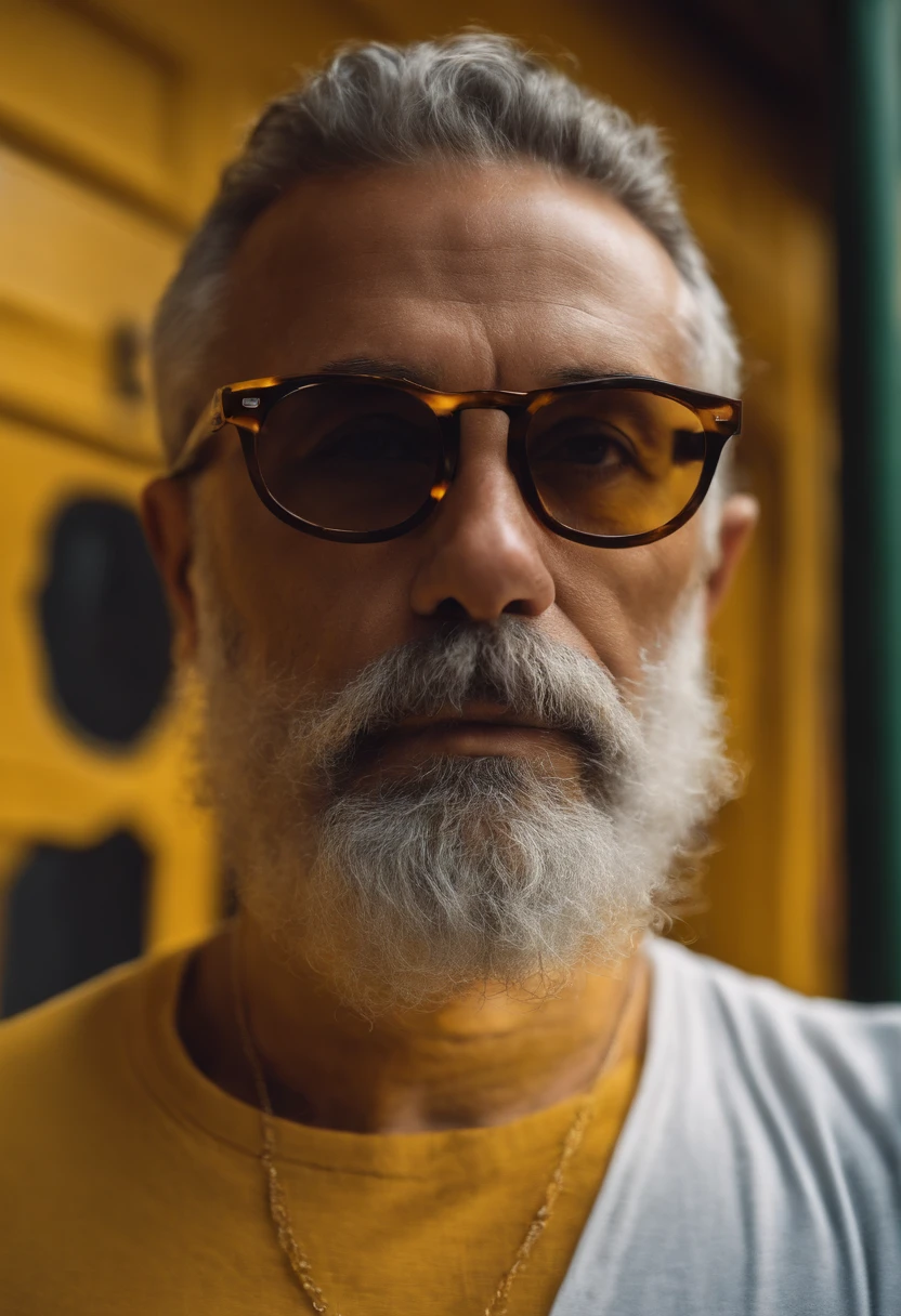 homem usando oculos com o rosto meio gordo com a barba feita a 5 dias cabelos curto mas calvo com a camiseta amarela nas casa dos 40 anos