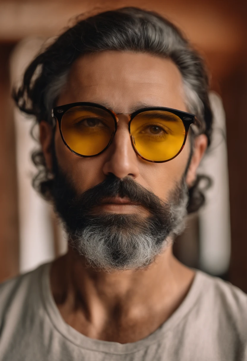 homem usando oculos com o rosto meio gordo com a barba feita a 5 dias cabelos curto mas calvo com a camiseta amarela nas casa dos 40 anos