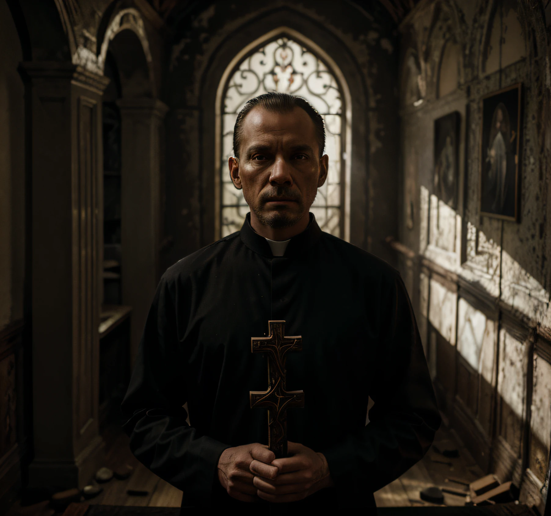 Priest close up in a church with the devil behind 