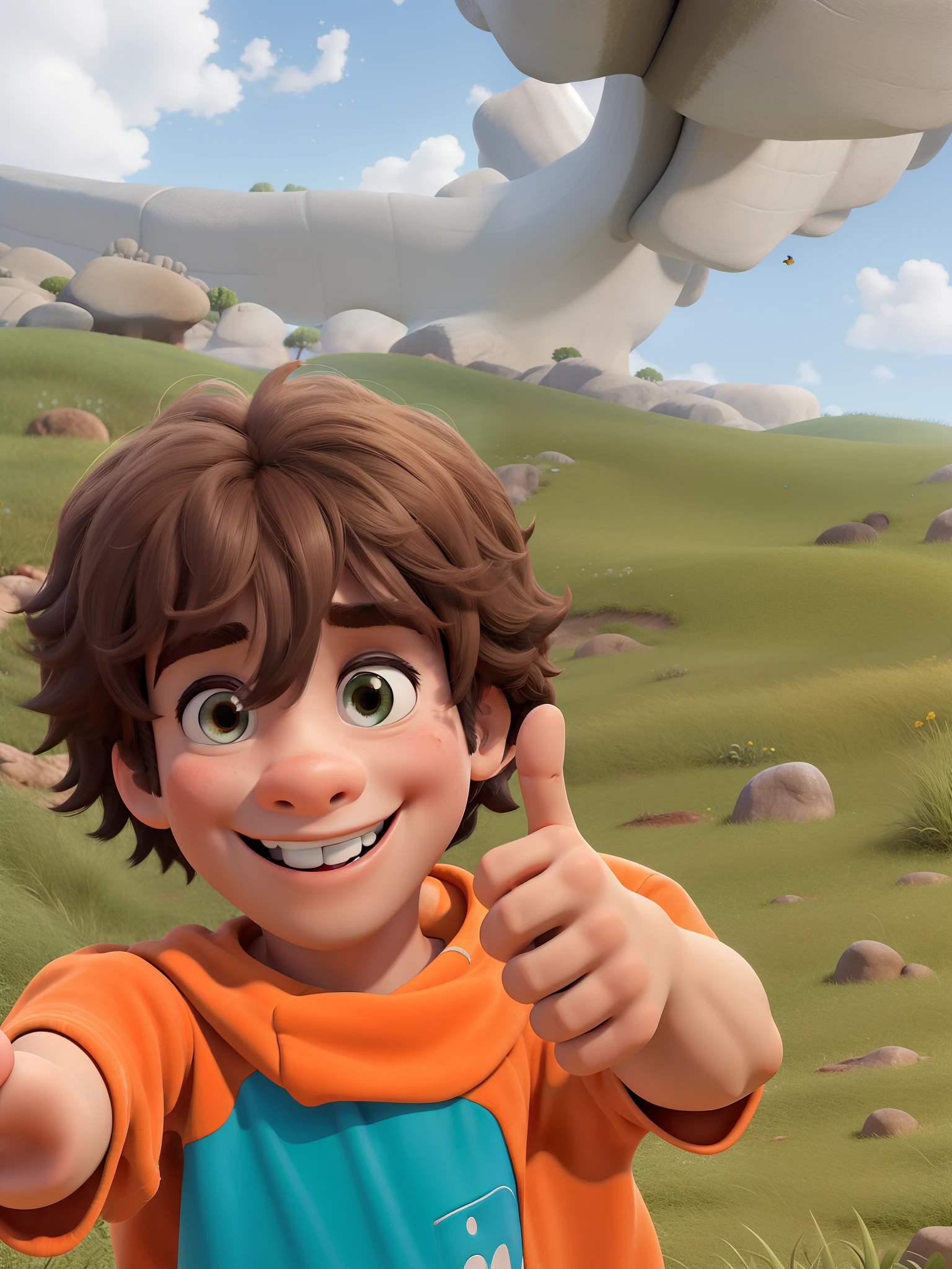 Obra-prima, de melhor qualidade, um menino branco de 8 anos, feliz, em poster estilo Disney pixar.