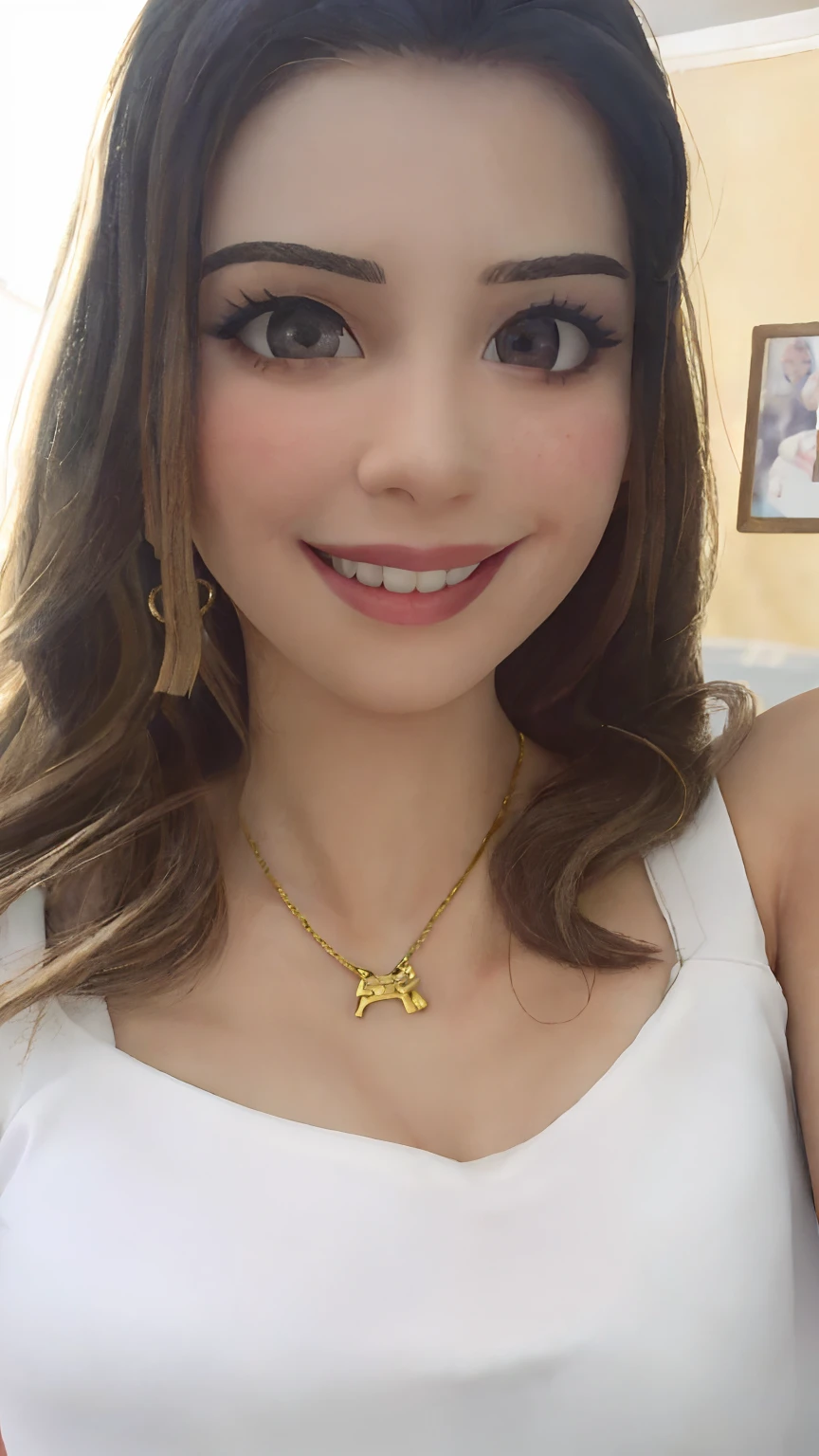 Arafed woman in white tank top smiling at camera, imagem de perfil, Directed by: Nandor Soldier, by Amelia Peláez, lovely smile, Lorena Avarez, selfie de uma jovem mulher, by Gina Pellón, Alanis Guillen, by Maria Helena Vieira da Silva, colar de ouro, vestindo gargantilha detalhada dourada, fernanda suarez