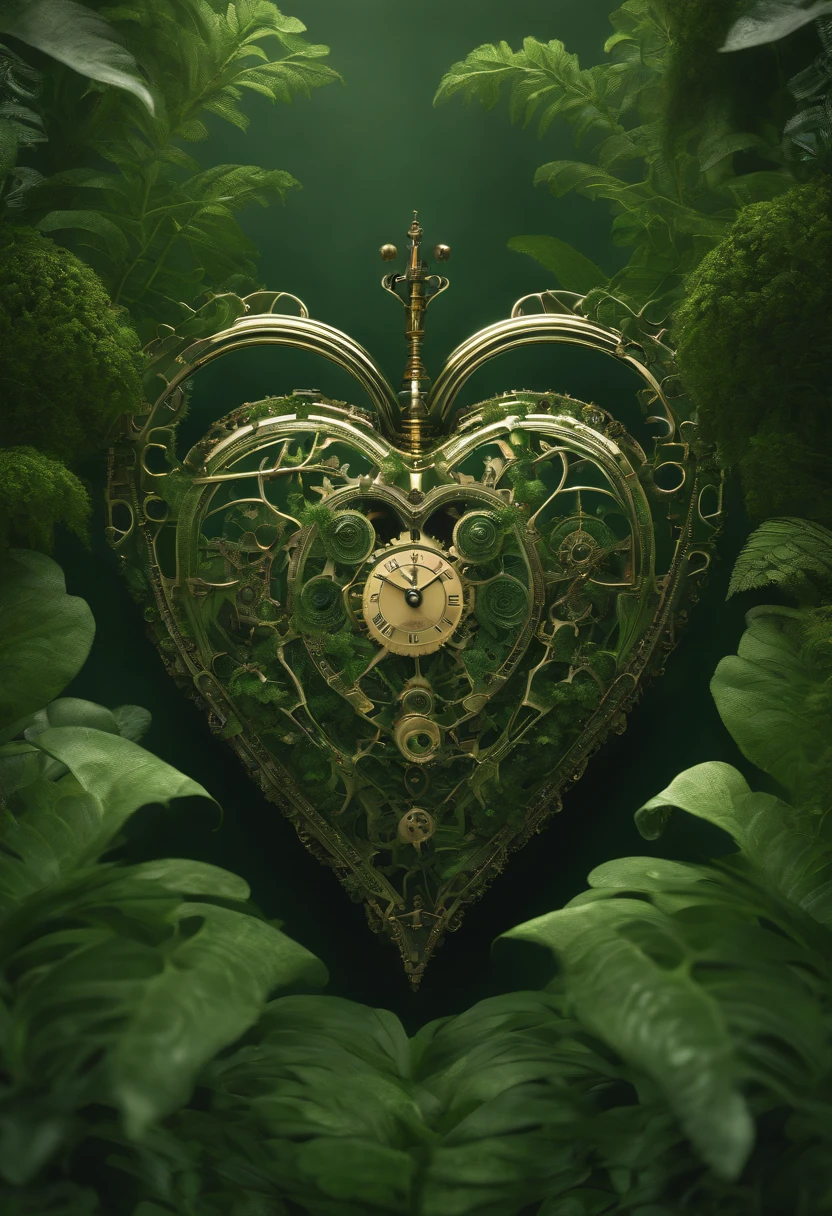 hyper realistic, extremely detailed, elegant intricate clockwork heart shaped 3d fractal in a lush green jungle