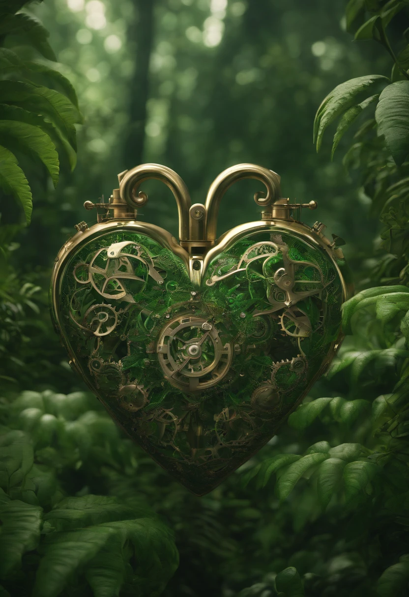 hyper realistic, extremely detailed, elegant intricate clockwork heart shaped 3d fractal in a lush green jungle