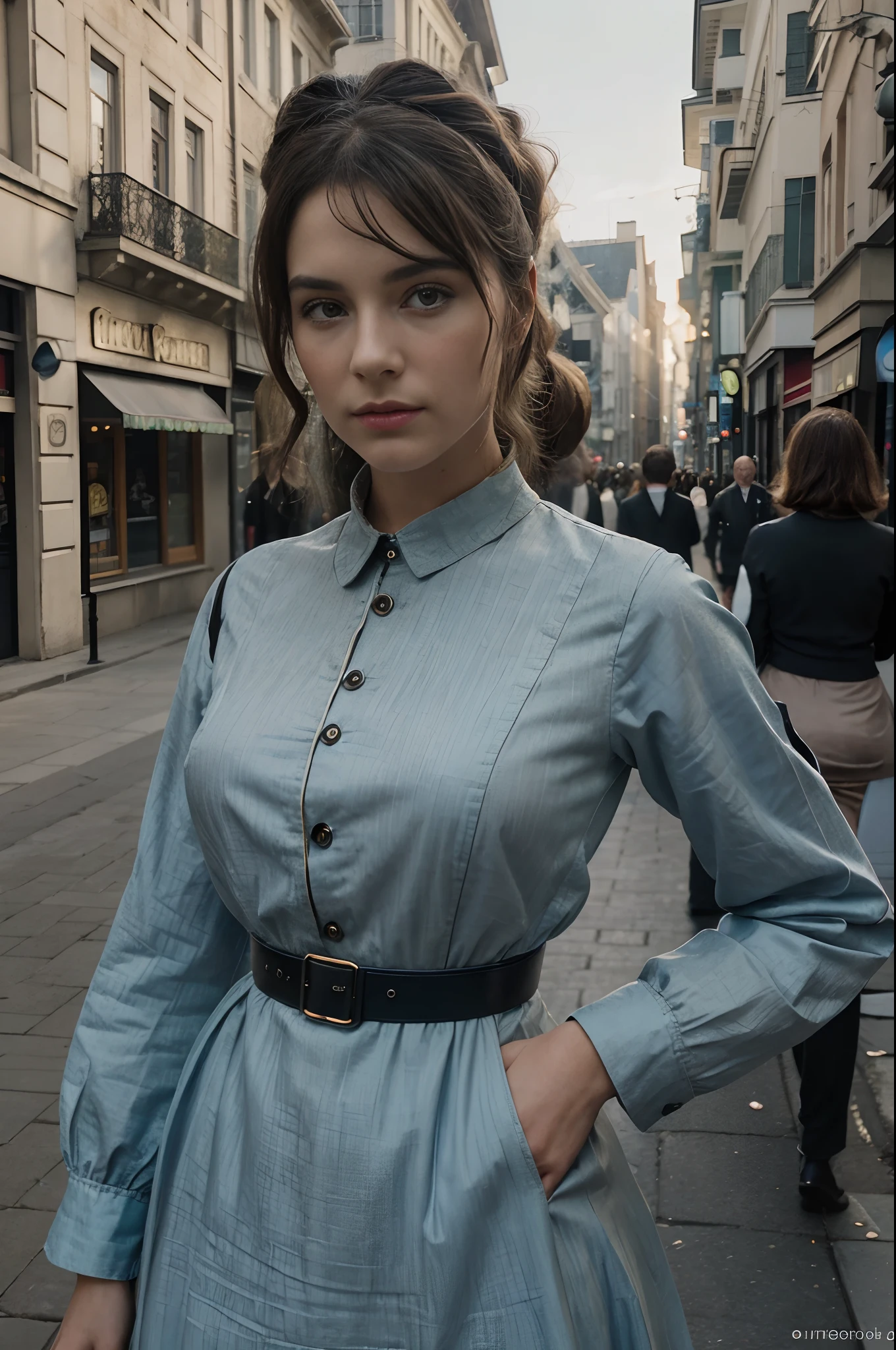 (beste-Qualit, 4k, 8k, high resolucion, master piece : 1.2), ultra-detailed, (Realstic, photoreallistic, photoreallistic : 1.37), Alien robot Metropolis vintage, dans une rue ville du futur ufo , HDR, UHD, Stunning lighting, couleurs douces, detailed facial features, Retro Fashion Accessories, Vintage aesthetics, Influences of the 1890s, mise au point nette, photographie professionnelle, composition artistique