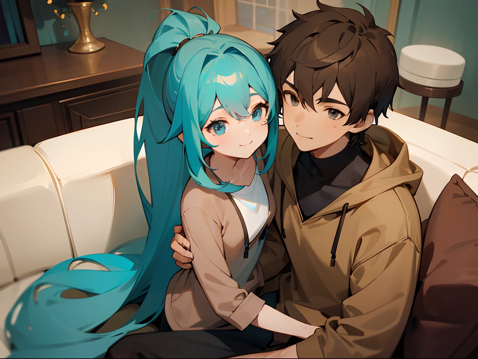 1 Man with Short Brown hair, Brown eyes, wearing a Blue hoodie, sitting with 1 Woman, Woman with Long Aqua Blue hair and Ponytail, Blue eyes, sitting with the Man, Woman head laying on Man's shoulder, Wholesome couple picture, Sitting together on Sofa Couch, Both smiling happily, Cute